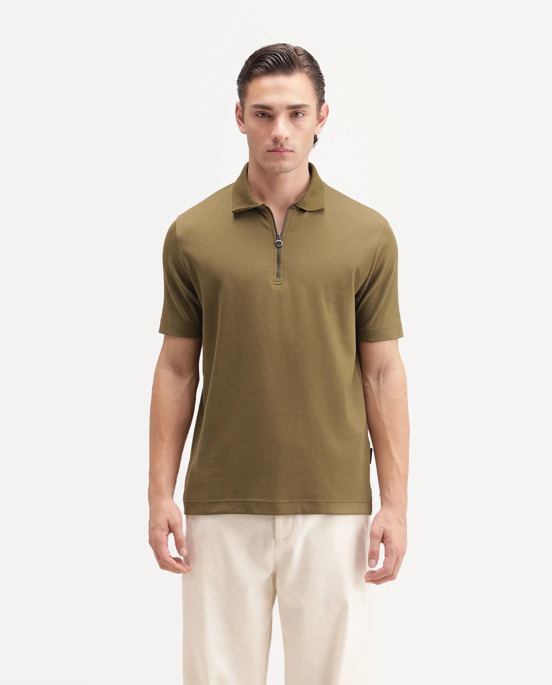 Rare Rabbit Men's Braido Dusky Olive Cotton Blend Fabric Half Sleeve Spread Collar Plain Polo