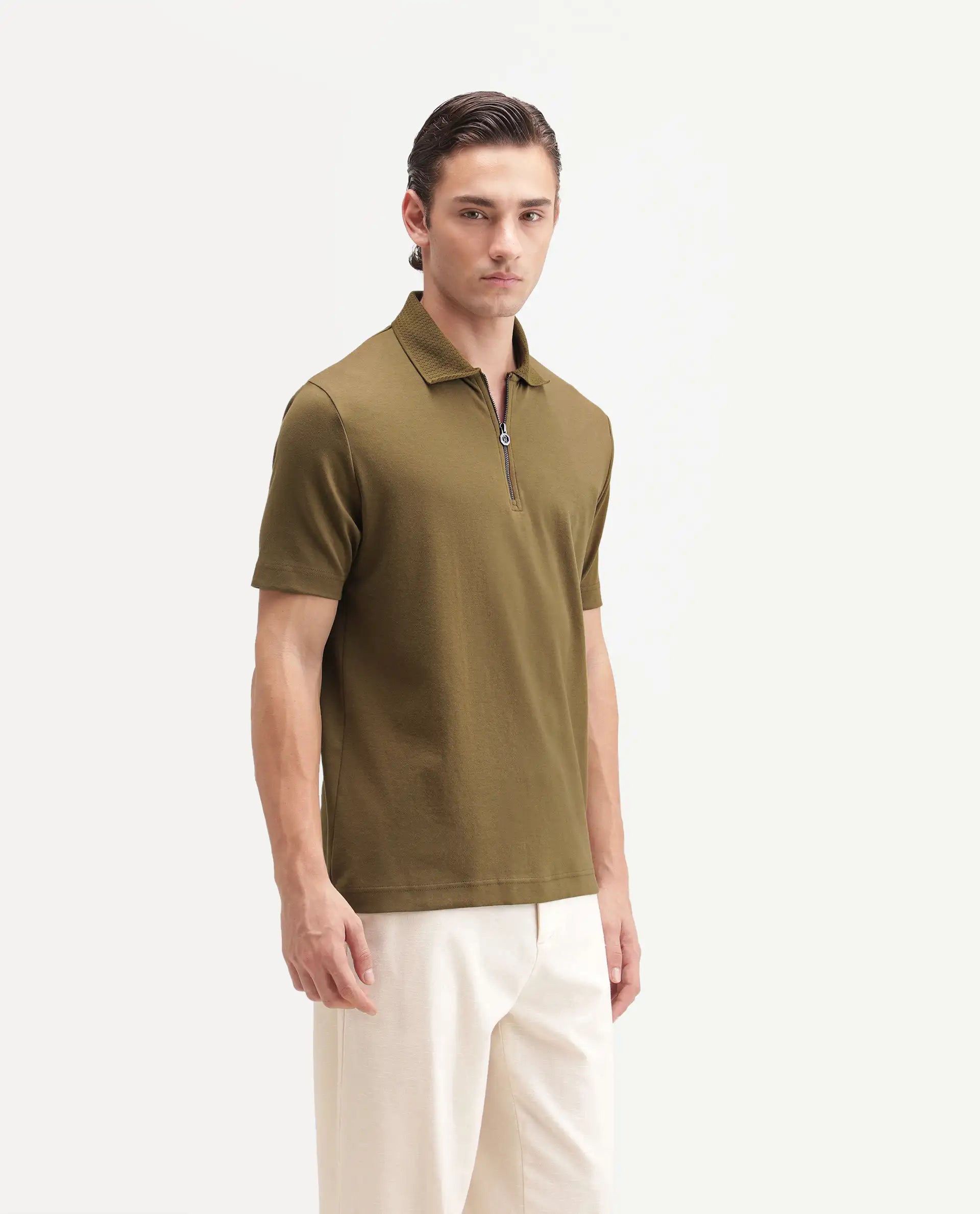 Rare Rabbit Men's Braido Dusky Olive Cotton Blend Fabric Half Sleeve Spread Collar Plain Polo