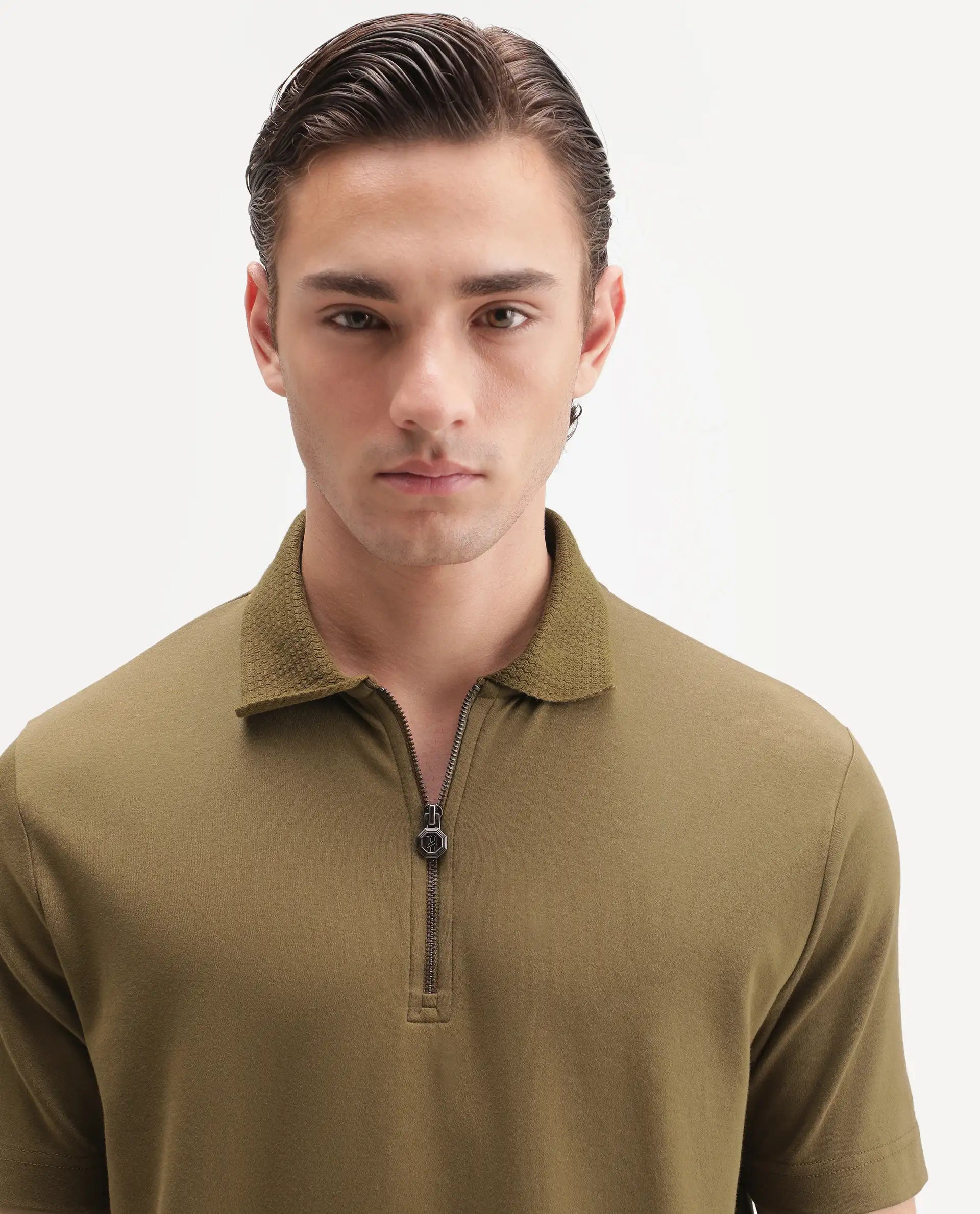 Rare Rabbit Men's Braido Dusky Olive Cotton Blend Fabric Half Sleeve Spread Collar Plain Polo