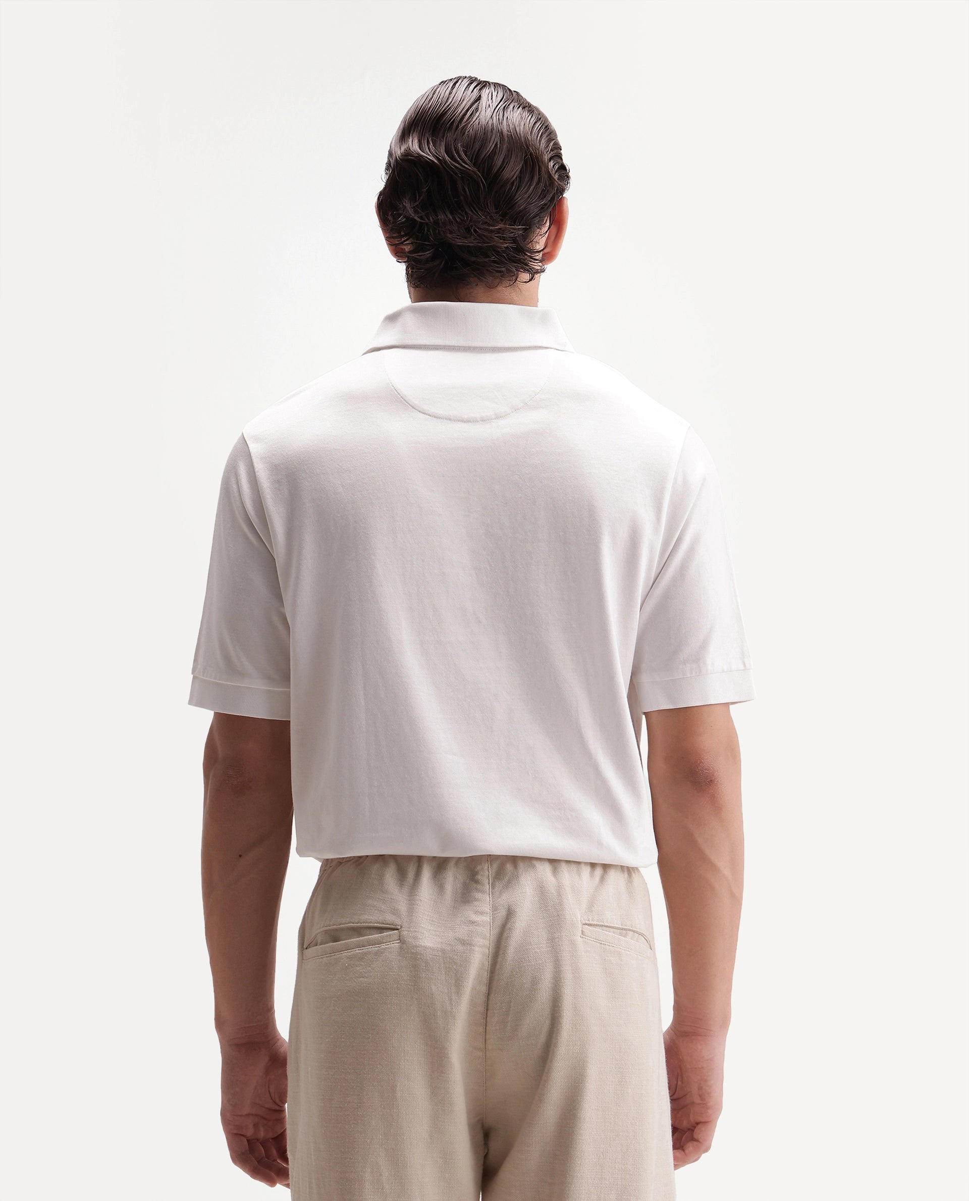 Rare Rabbit Men's Drid Off White Cotton Fabric Half Sleeve Spread Collar Plain Polo