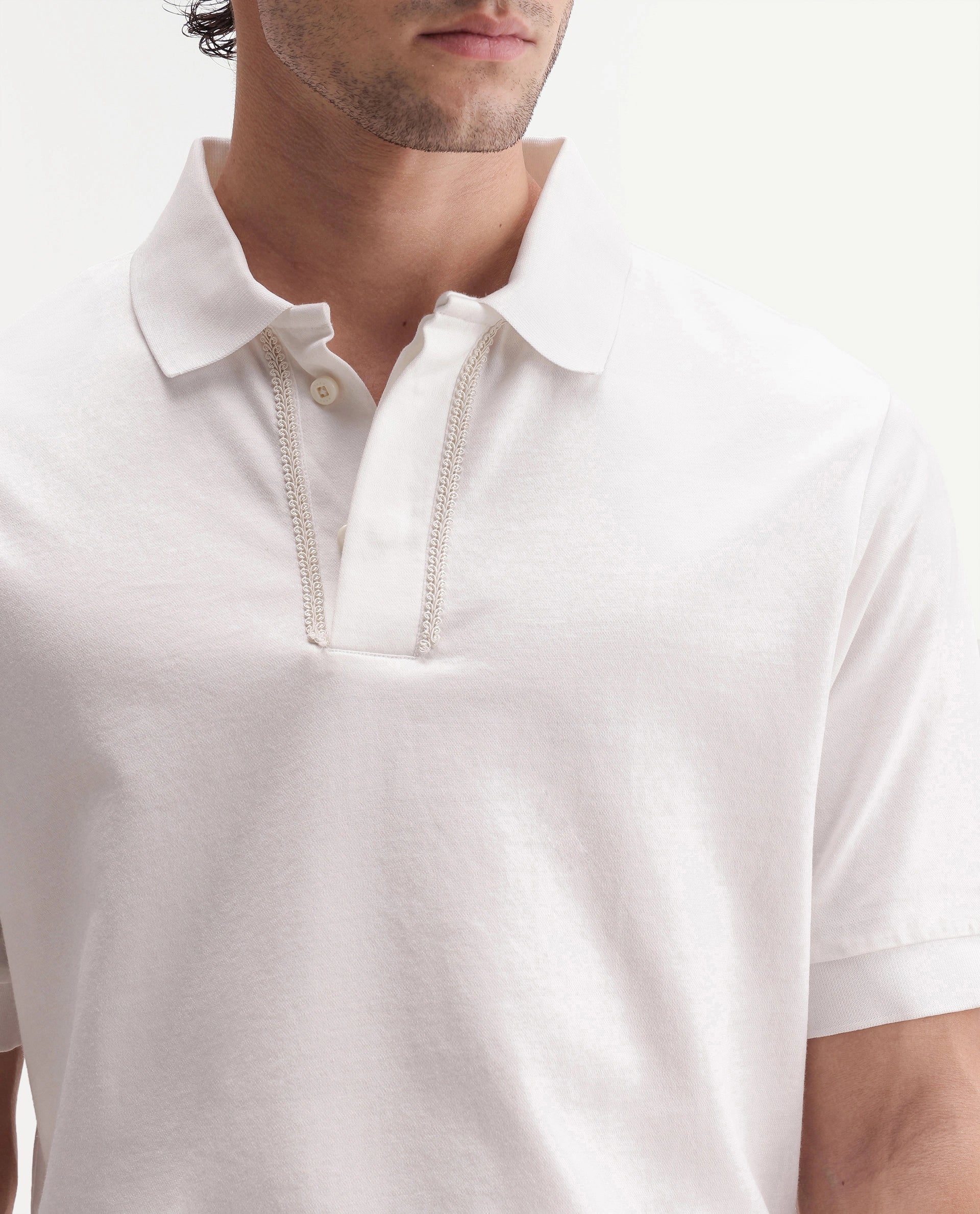 Rare Rabbit Men's Drid Off White Cotton Fabric Half Sleeve Spread Collar Plain Polo