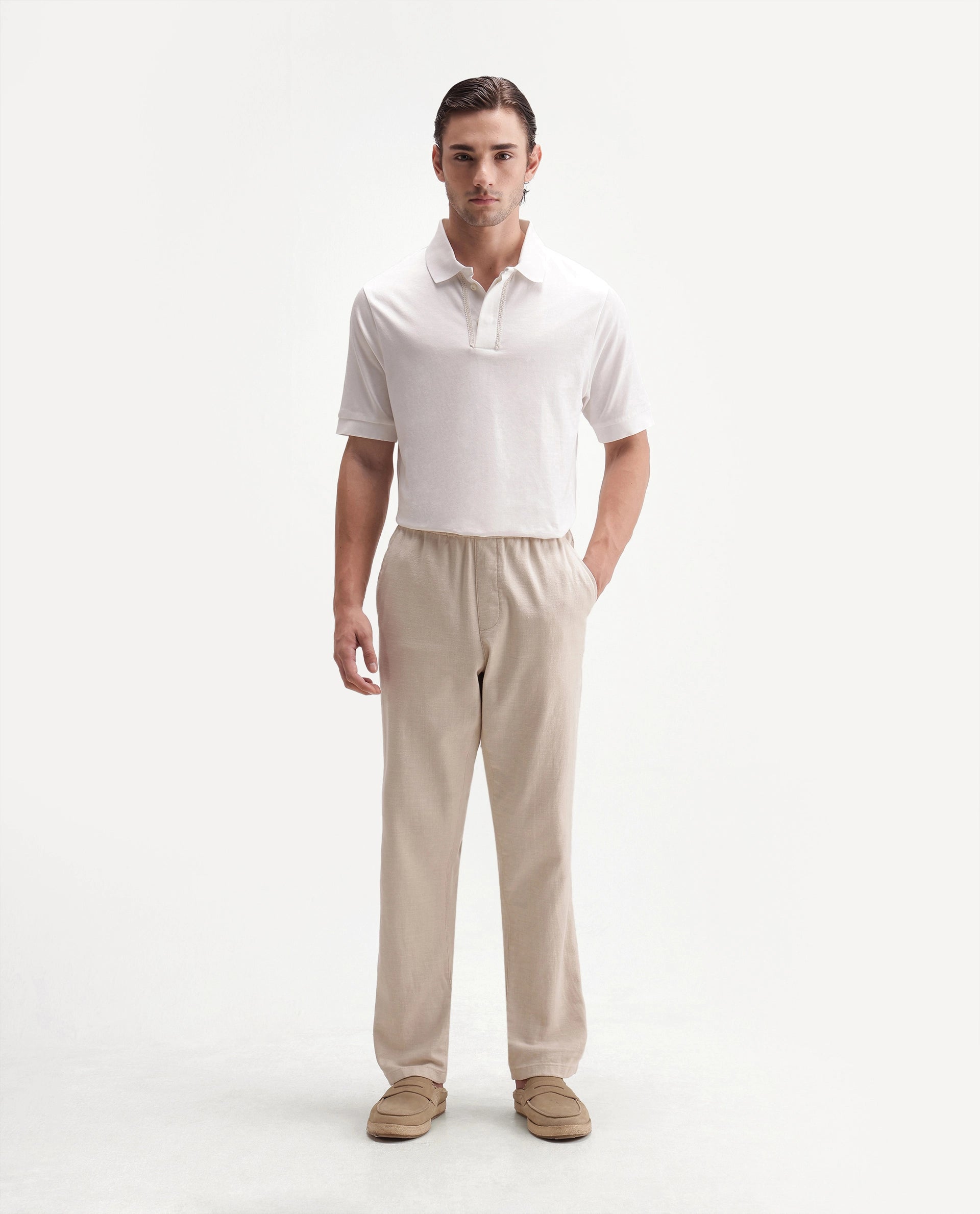 Rare Rabbit Men's Drid Off White Cotton Fabric Half Sleeve Spread Collar Plain Polo