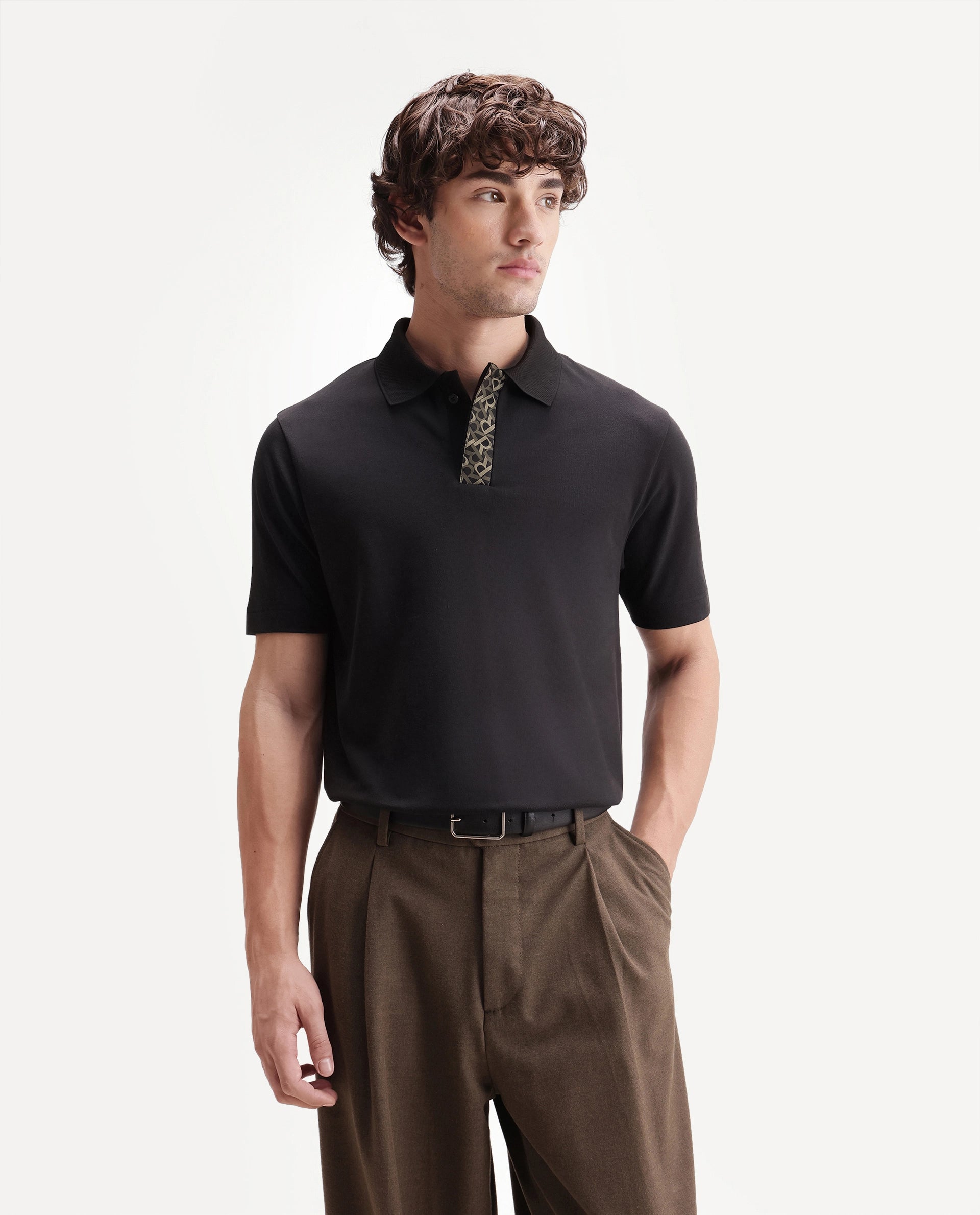 Rare Rabbit Men's Hin Black Cotton Blend Fabric Half Sleeve Spread Collar Plain Polo