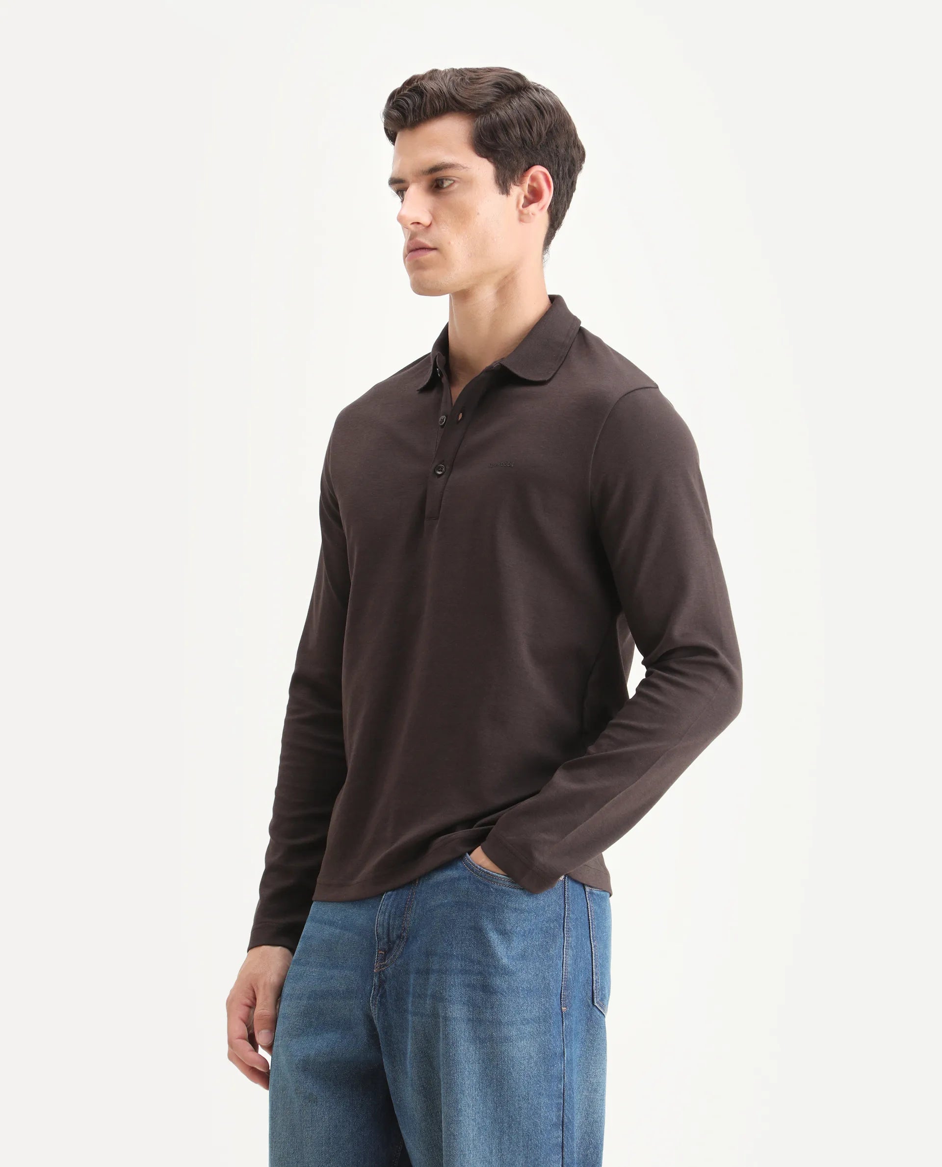 Rare Rabbit Men's Prut Dark Brown Cotton Blend Fabric Full Sleeve Spread Collar Plain Polo