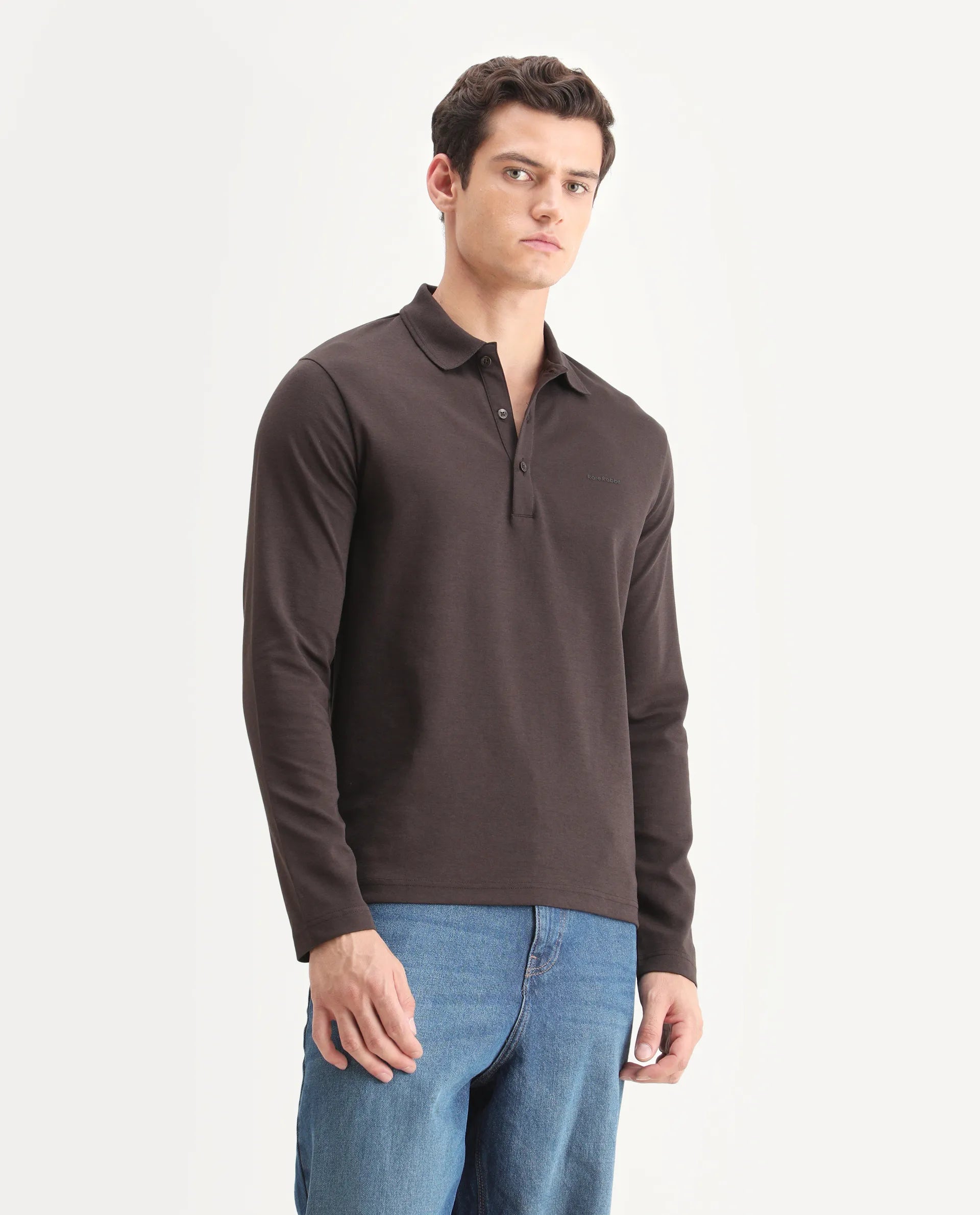 Rare Rabbit Men's Prut Dark Brown Cotton Blend Fabric Full Sleeve Spread Collar Plain Polo
