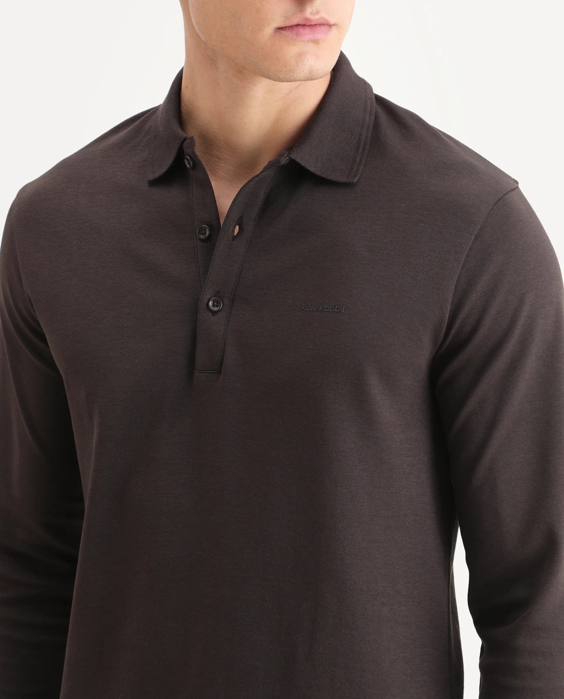 Rare Rabbit Men's Prut Dark Brown Cotton Blend Fabric Full Sleeve Spread Collar Plain Polo