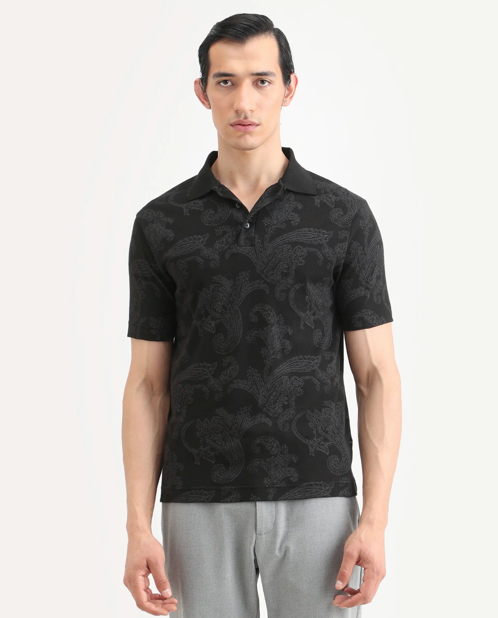 Rare Rabbit Men's Tred Black Cotton Fabric Half Sleeve Spread Collar Paisley Polo