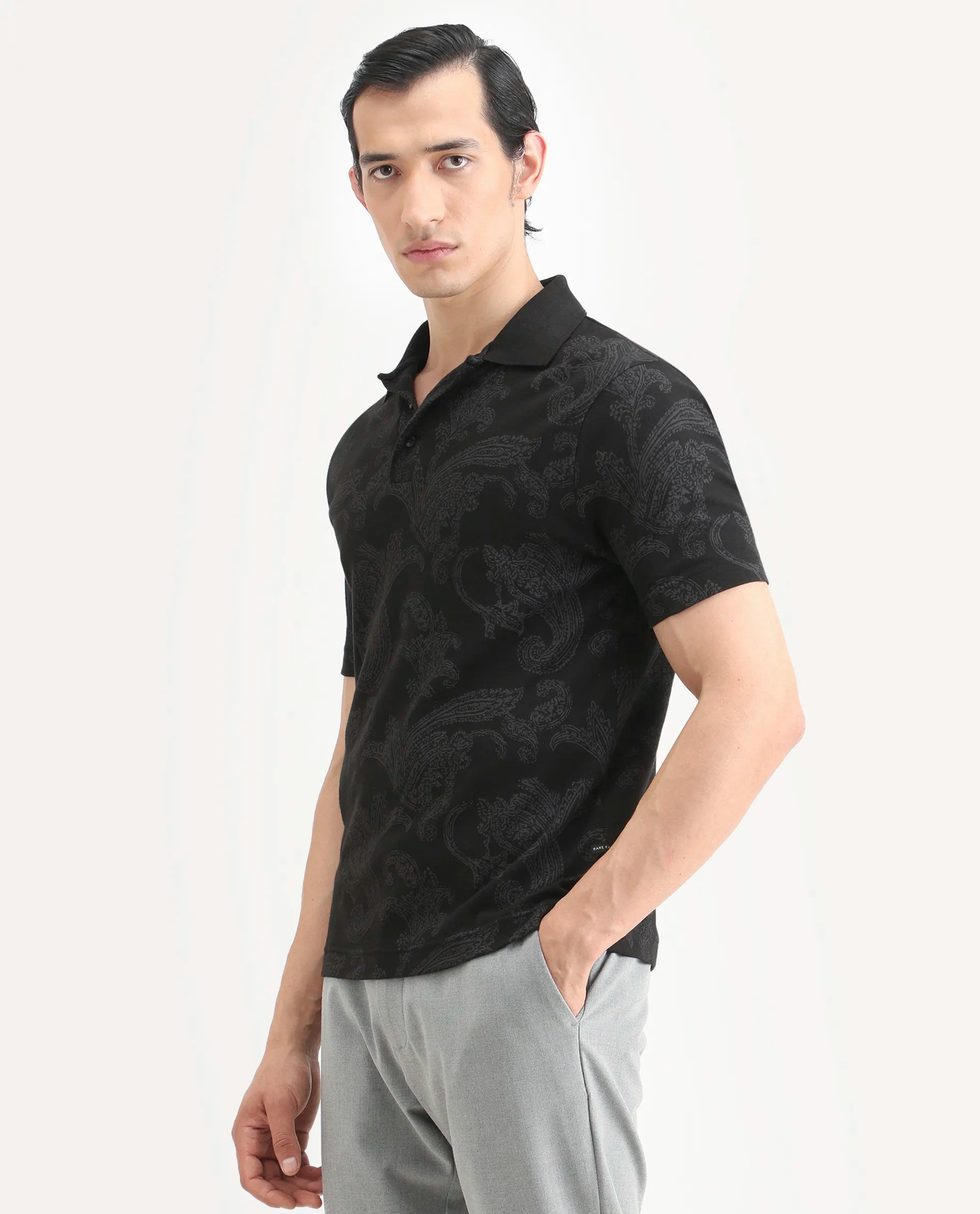 Rare Rabbit Men's Tred Black Cotton Fabric Half Sleeve Spread Collar Paisley Polo