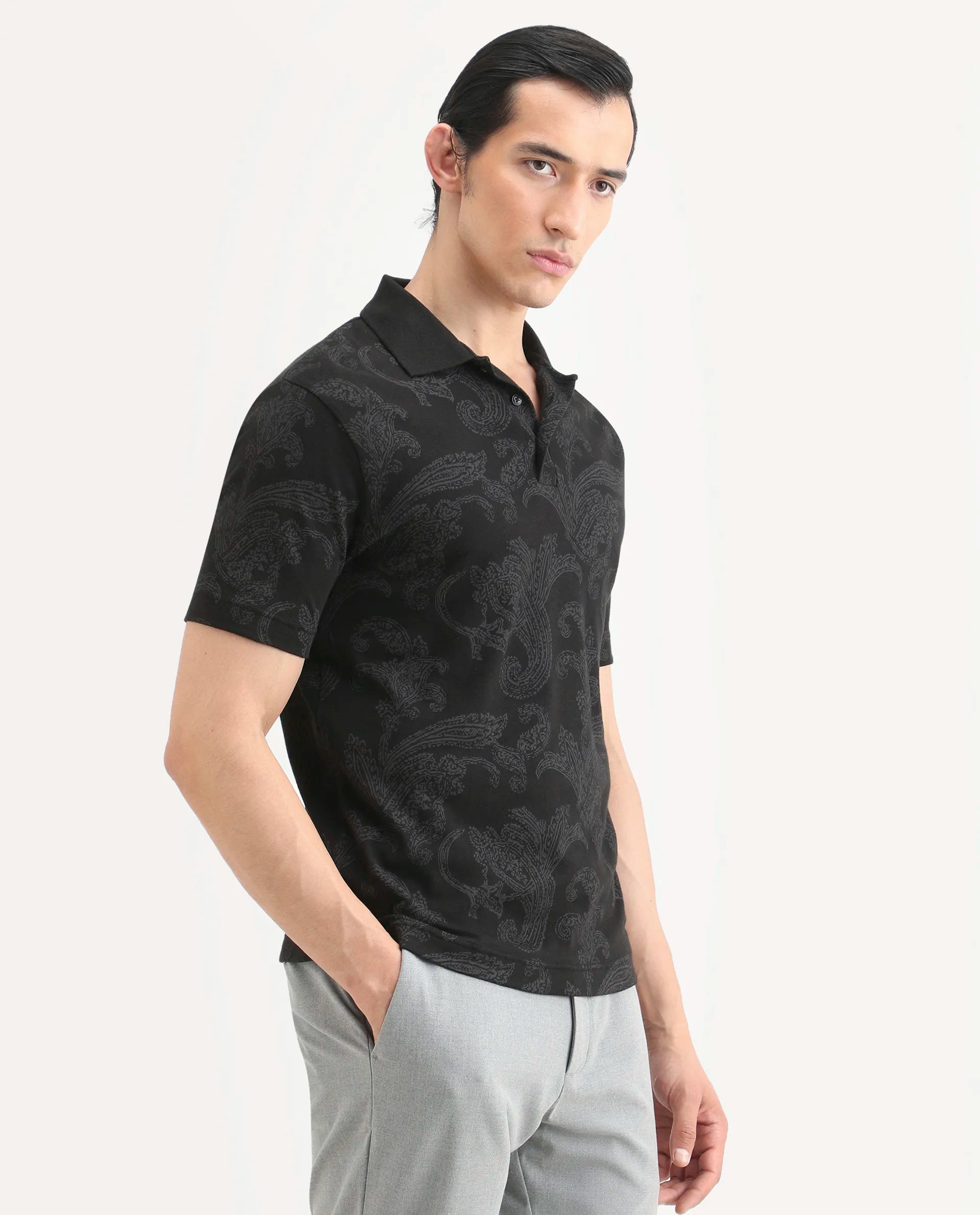 Rare Rabbit Men's Tred Black Cotton Fabric Half Sleeve Spread Collar Paisley Polo