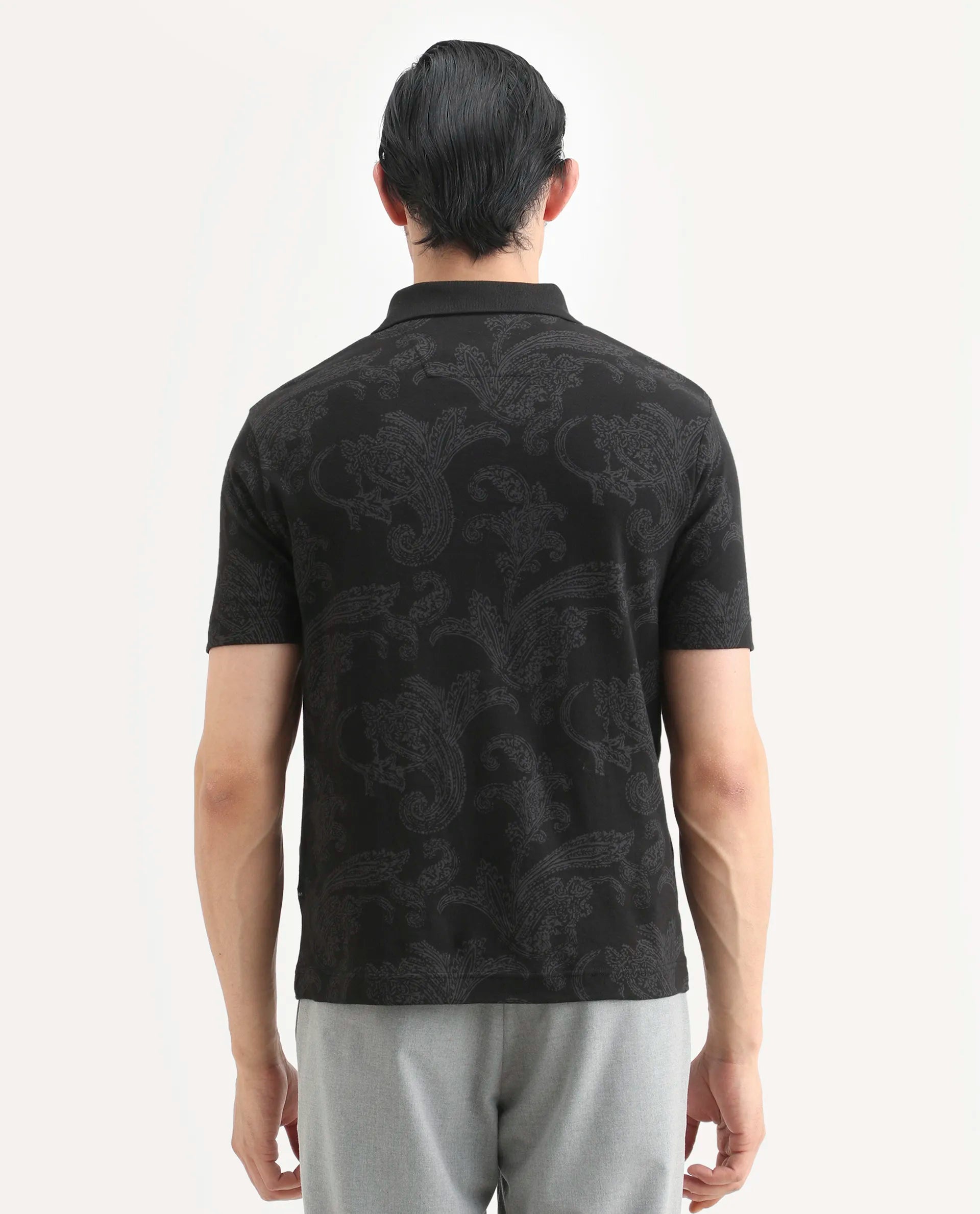 Rare Rabbit Men's Tred Black Cotton Fabric Half Sleeve Spread Collar Paisley Polo