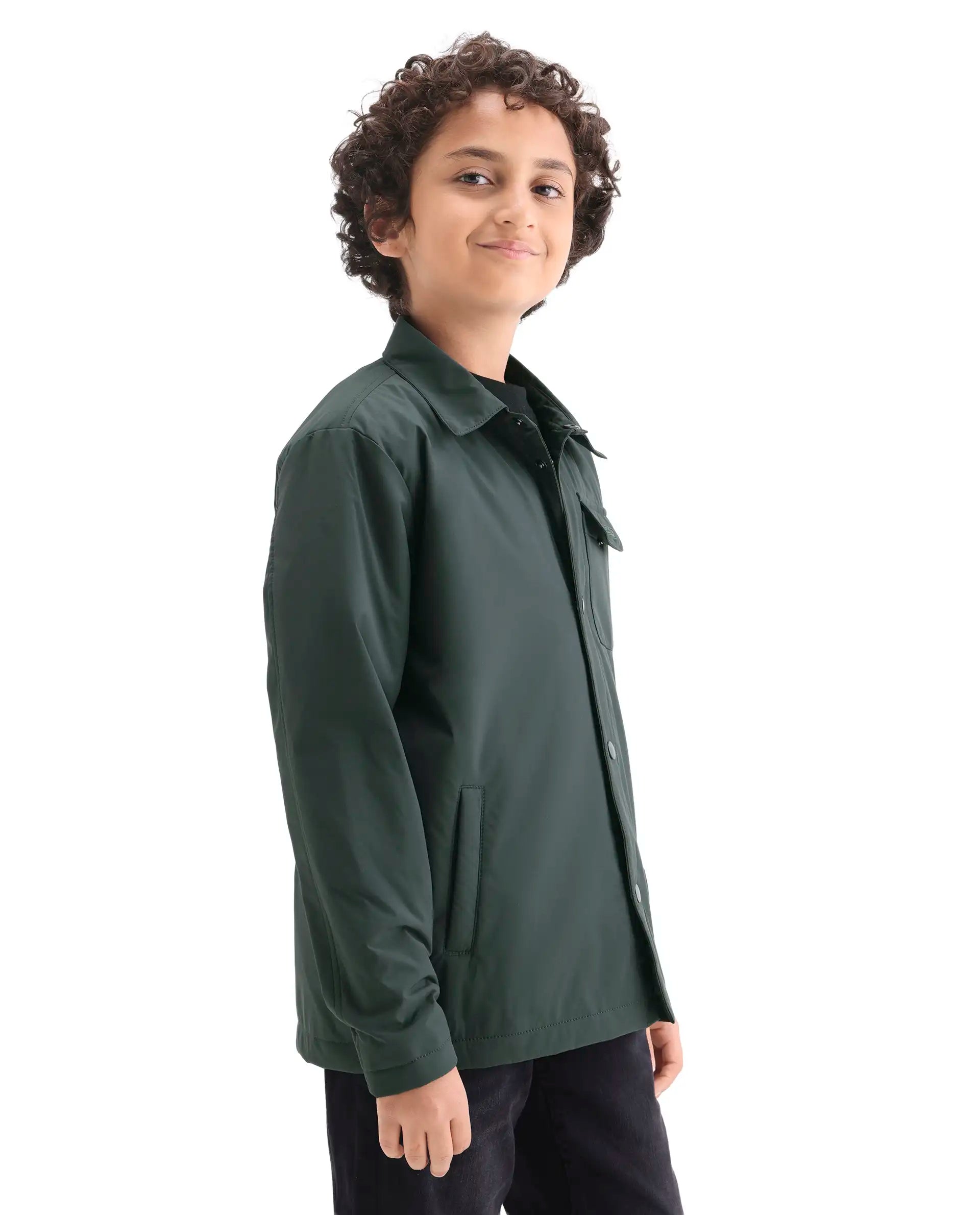 Rare Ones Kids Fagu-K Green Polyester Button Closure Flat Collar Plain Full Sleeves Regular Fit Jacket