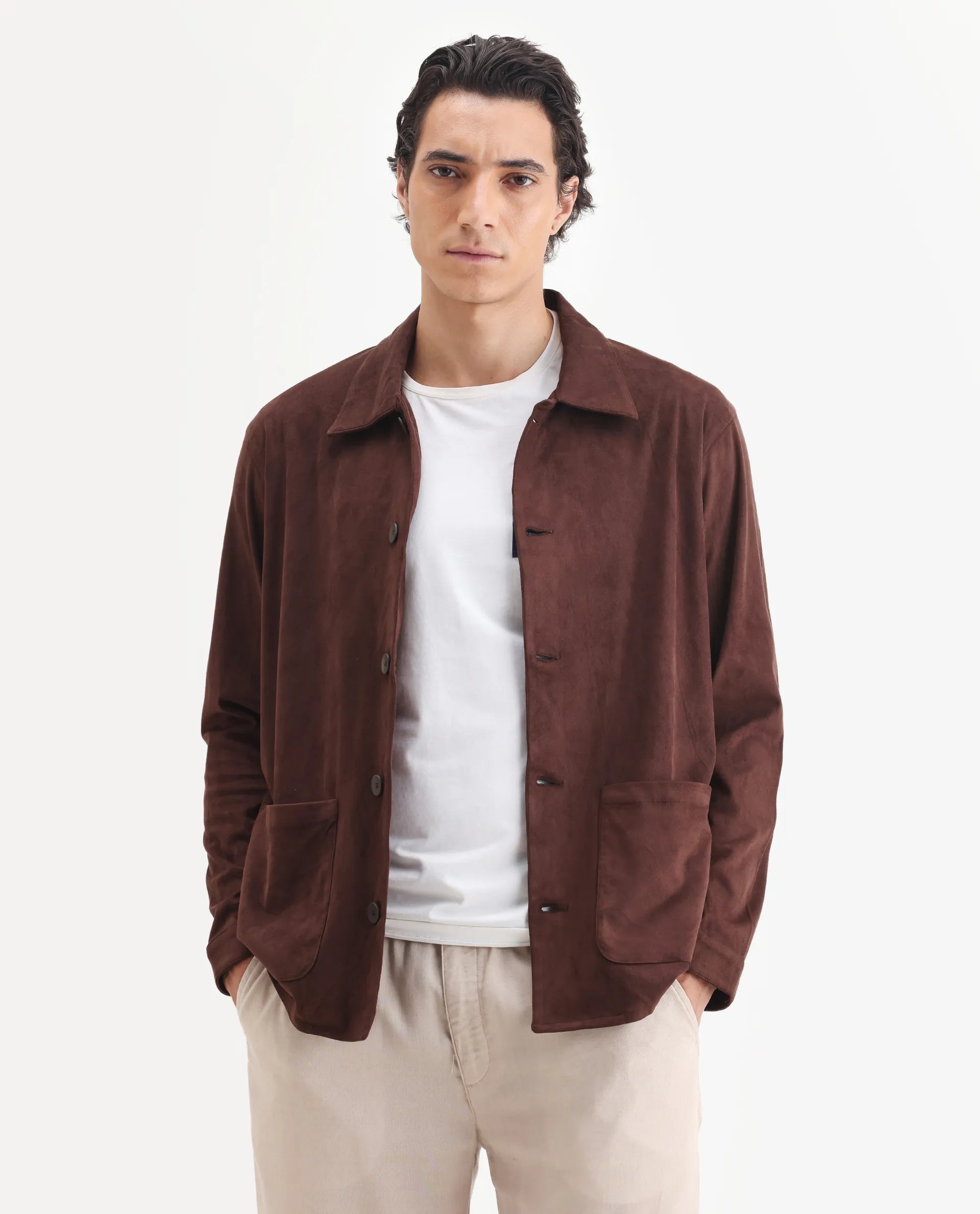 Rare Rabbit Men's Bran Brown Suede Blend Fabric Collared Neck Regular Fit Plain Jacket