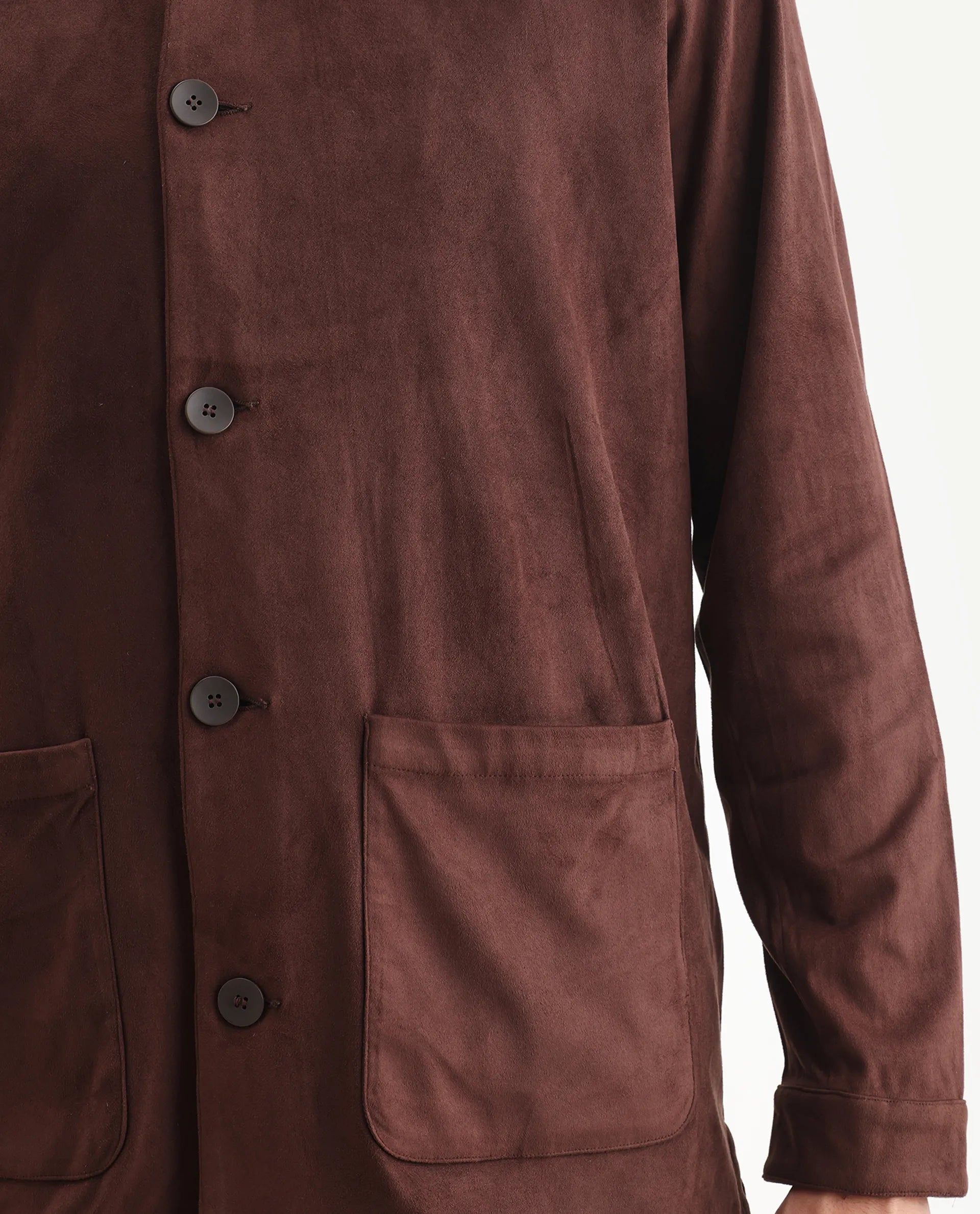 Rare Rabbit Men's Bran Brown Suede Blend Fabric Collared Neck Regular Fit Plain Jacket