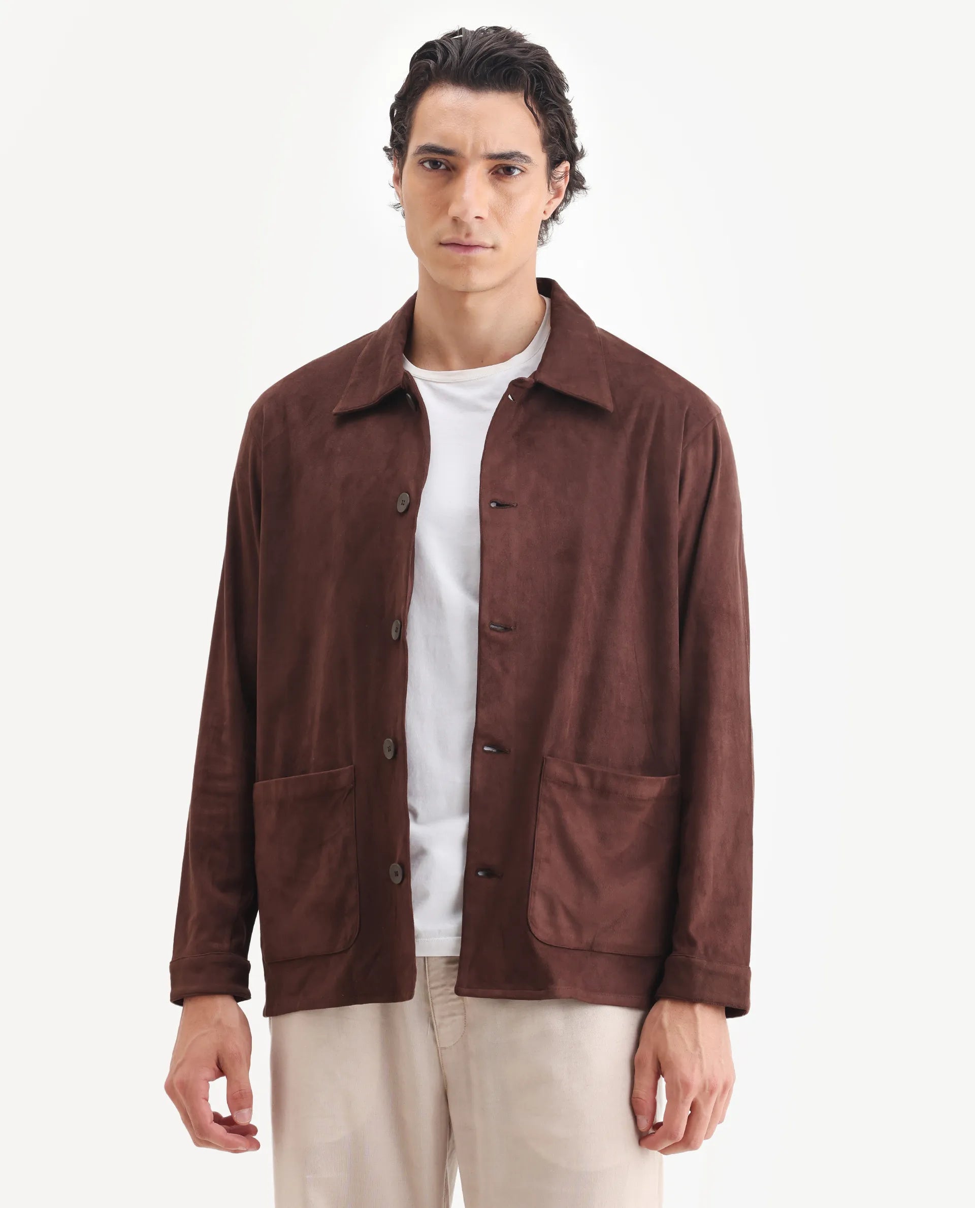 Rare Rabbit Men's Bran Brown Suede Blend Fabric Collared Neck Regular Fit Plain Jacket