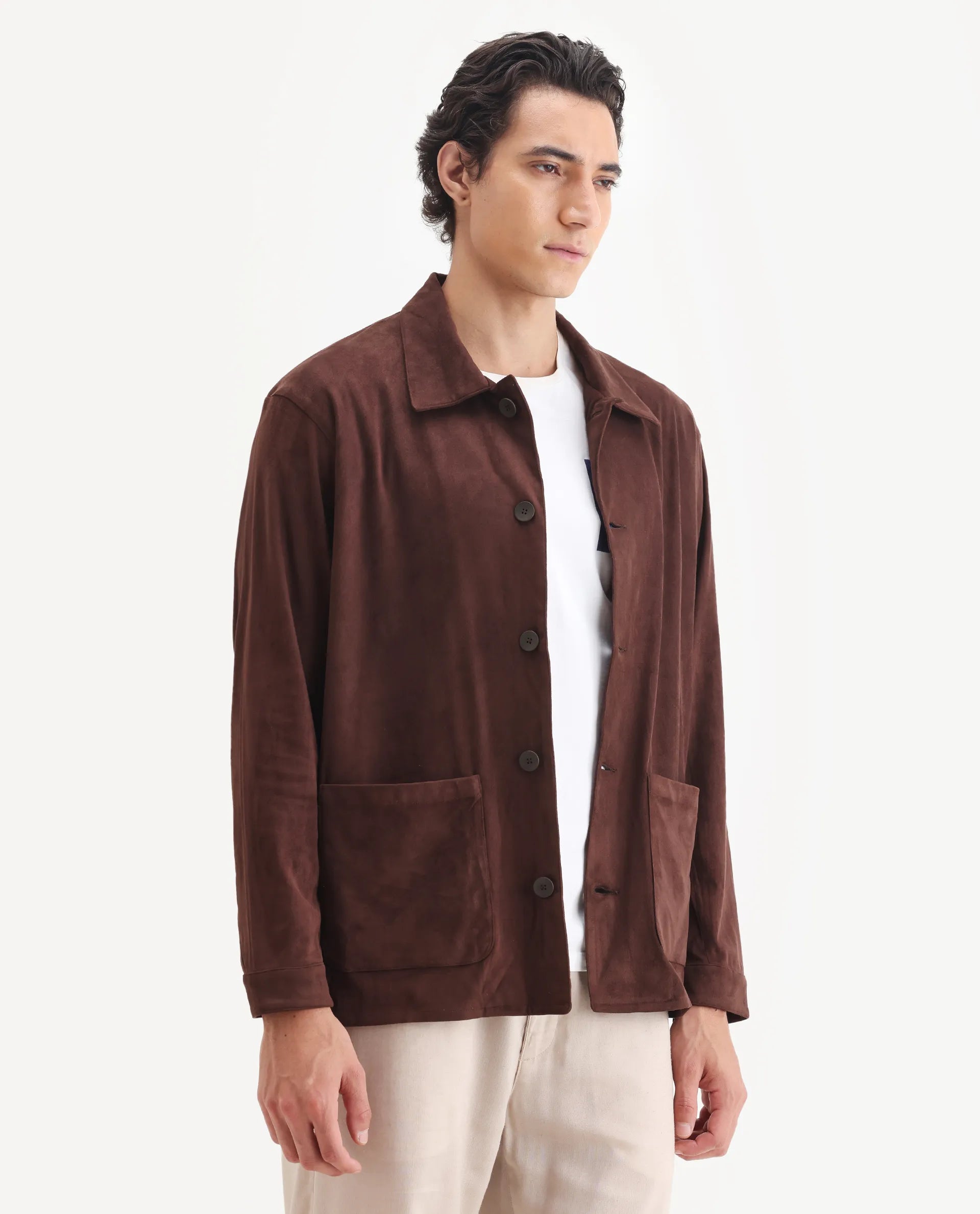 Rare Rabbit Men's Bran Brown Suede Blend Fabric Collared Neck Regular Fit Plain Jacket