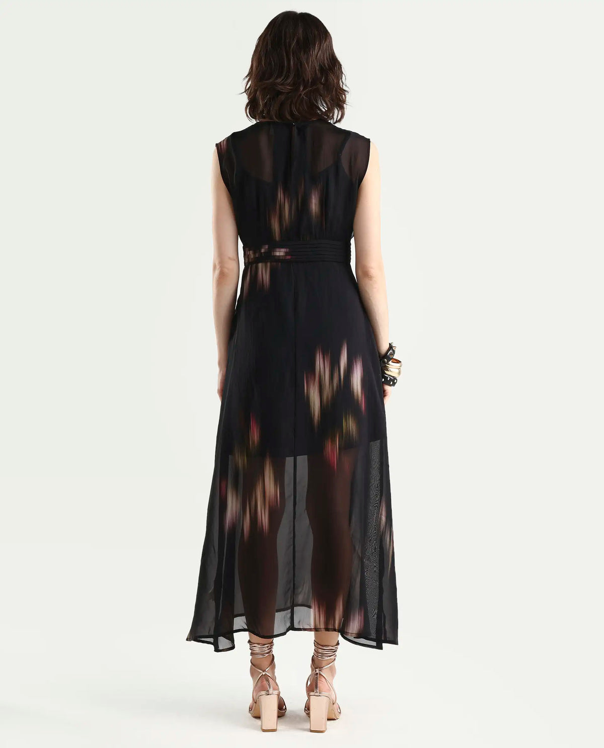 Rareism-Women's Jubin Black Viscose Printed Flared Dress