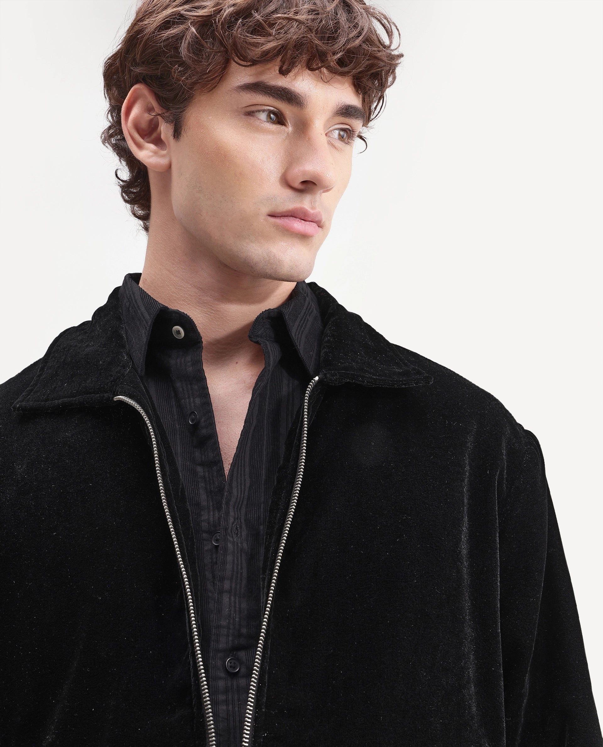 Rare Rabbit Men's Velto Black Polyester Fabric Collared Neck Regular Fit Plain Jacket