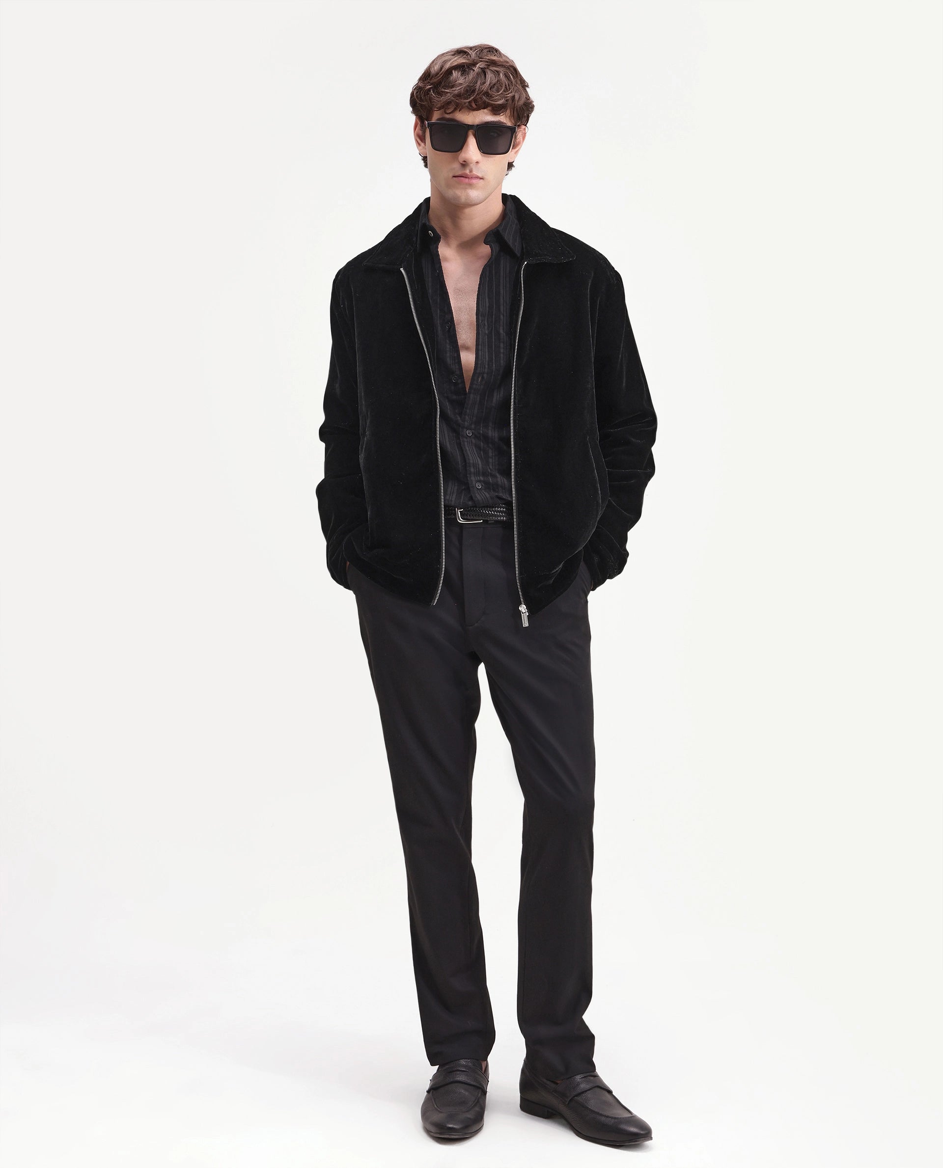 Rare Rabbit Men's Velto Black Polyester Fabric Collared Neck Regular Fit Plain Jacket