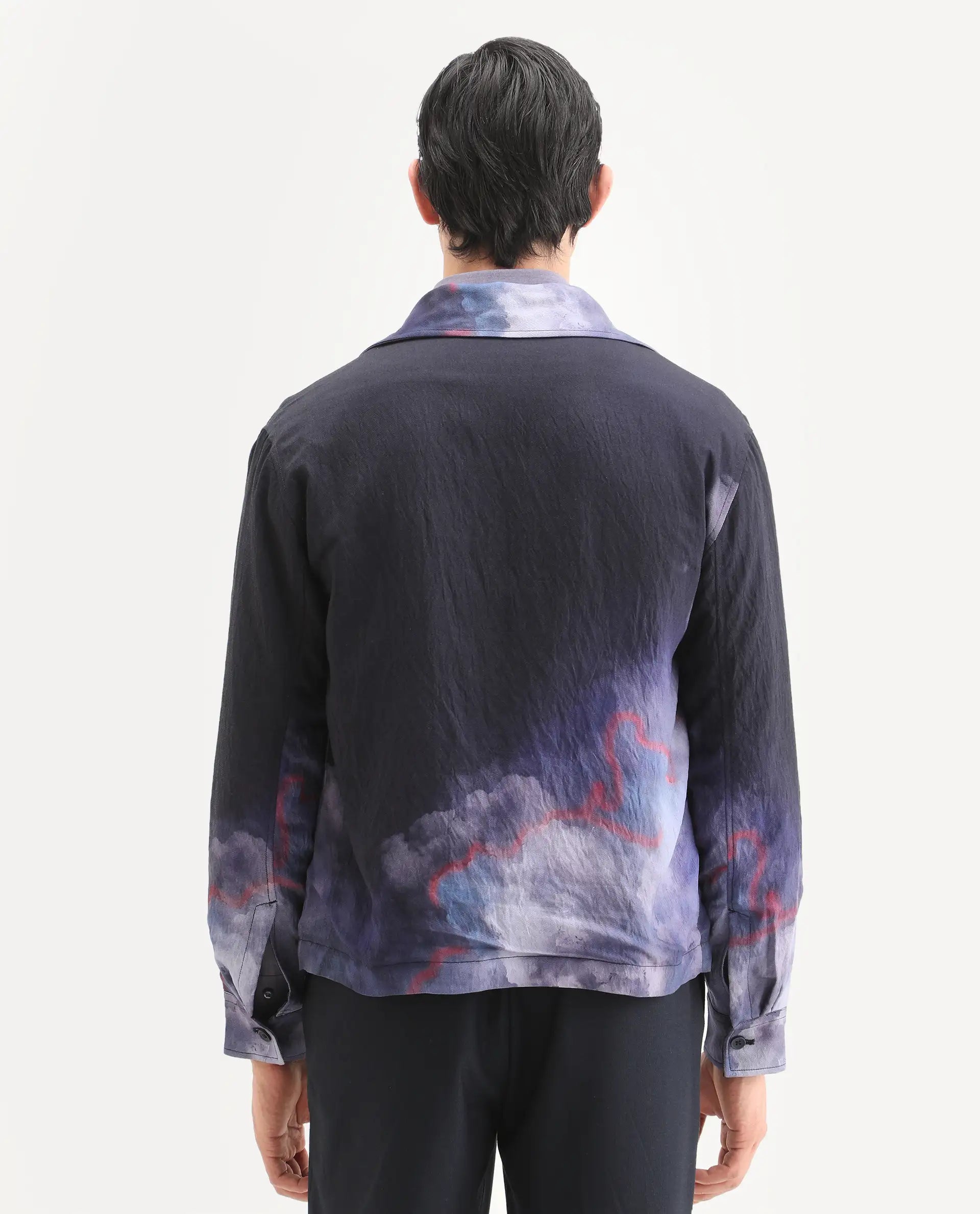 Rare Rabbit Men's Cloudy Navy Viscose Blend Fabric Spread Collar Regular Fit Ombre Print Jacket