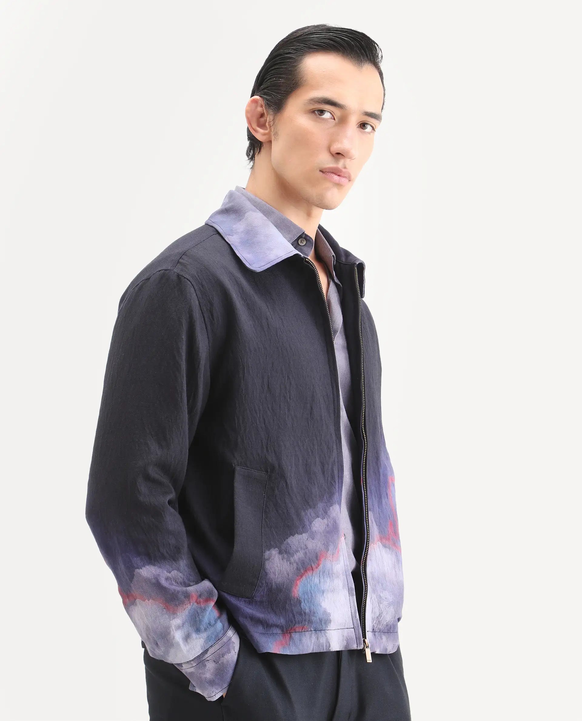 Rare Rabbit Men's Cloudy Navy Viscose Blend Fabric Spread Collar Regular Fit Ombre Print Jacket