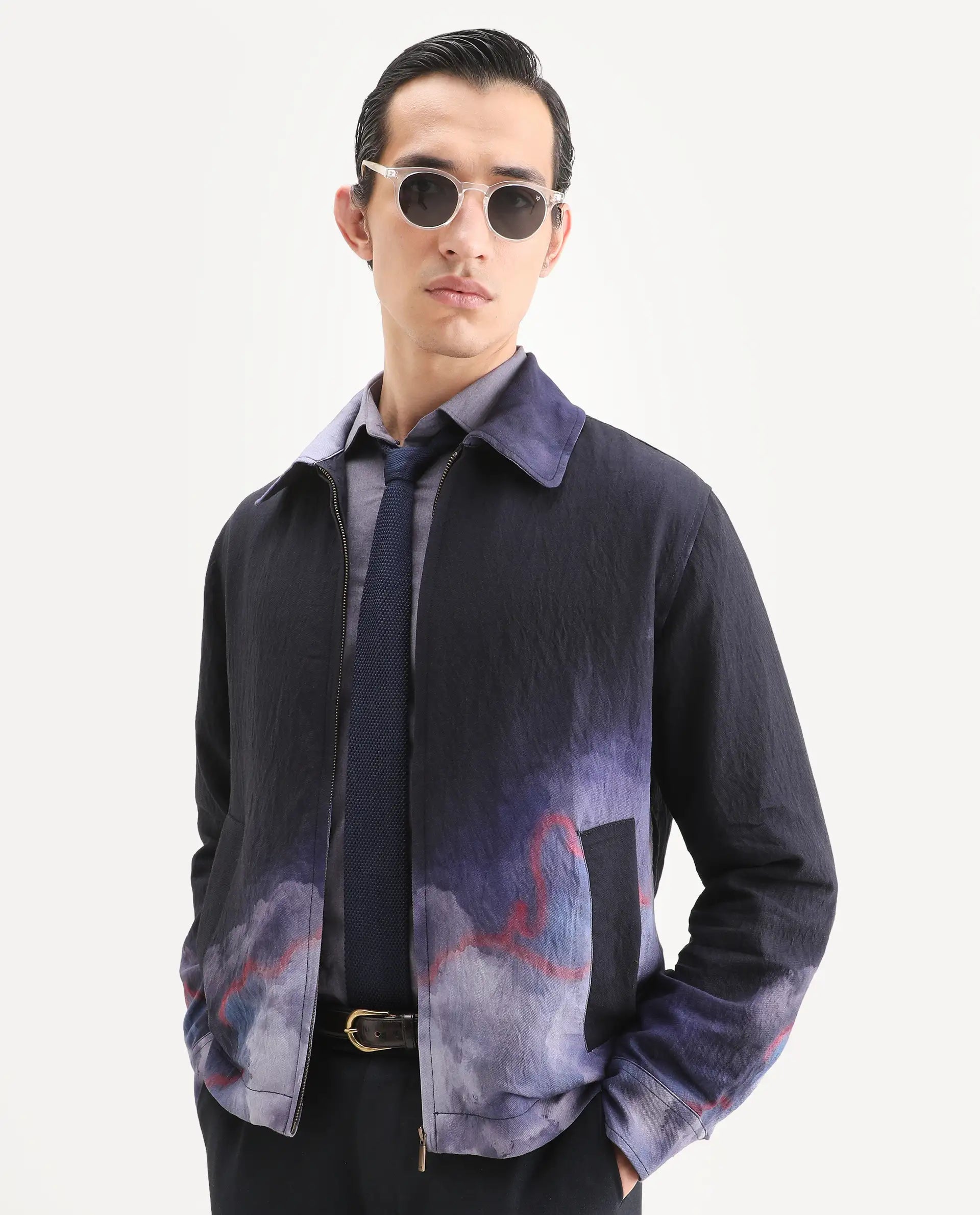 Rare Rabbit Men's Cloudy Navy Viscose Blend Fabric Spread Collar Regular Fit Ombre Print Jacket