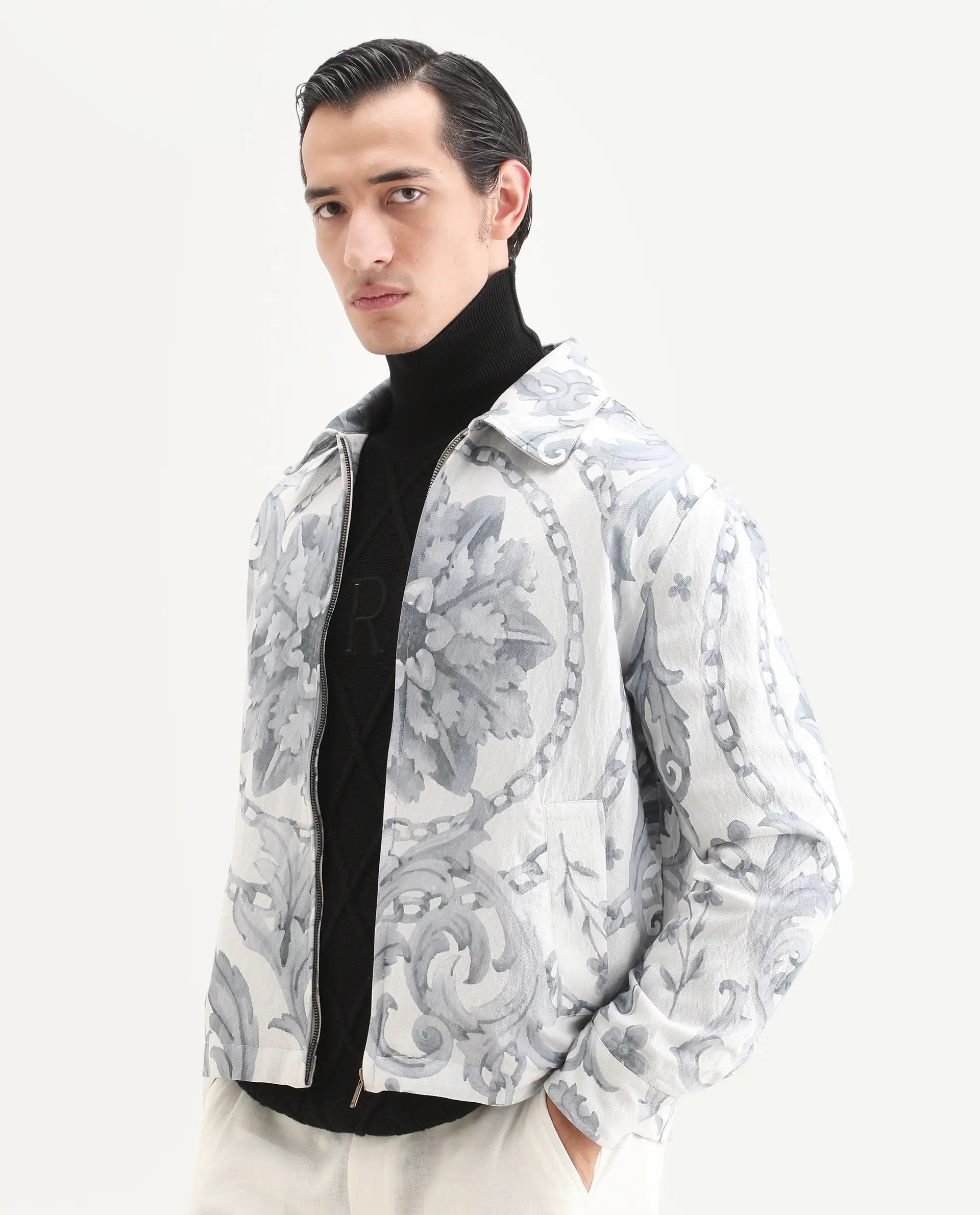 Rare Rabbit Men's Nulo Off White Viscose Blend Fabric Spread Collar Regular Fit Abstract Print Jacket