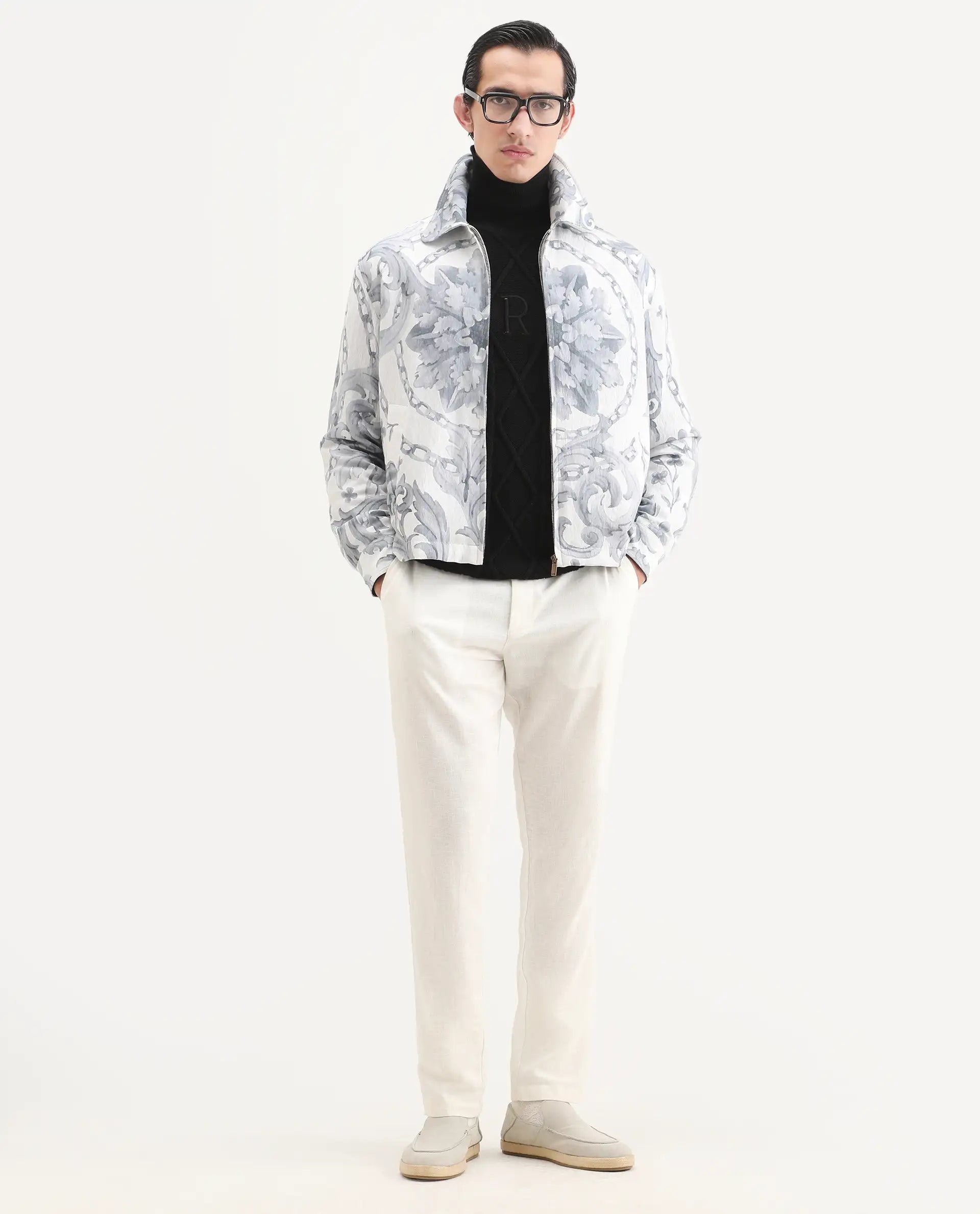 Rare Rabbit Men's Nulo Off White Viscose Blend Fabric Spread Collar Regular Fit Abstract Print Jacket