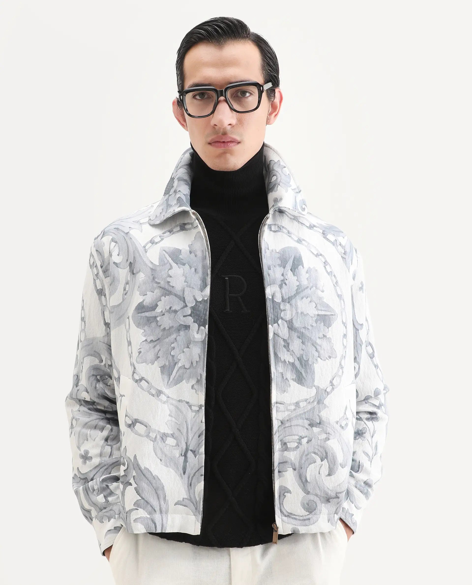 Rare Rabbit Men's Nulo Off White Viscose Blend Fabric Spread Collar Regular Fit Abstract Print Jacket