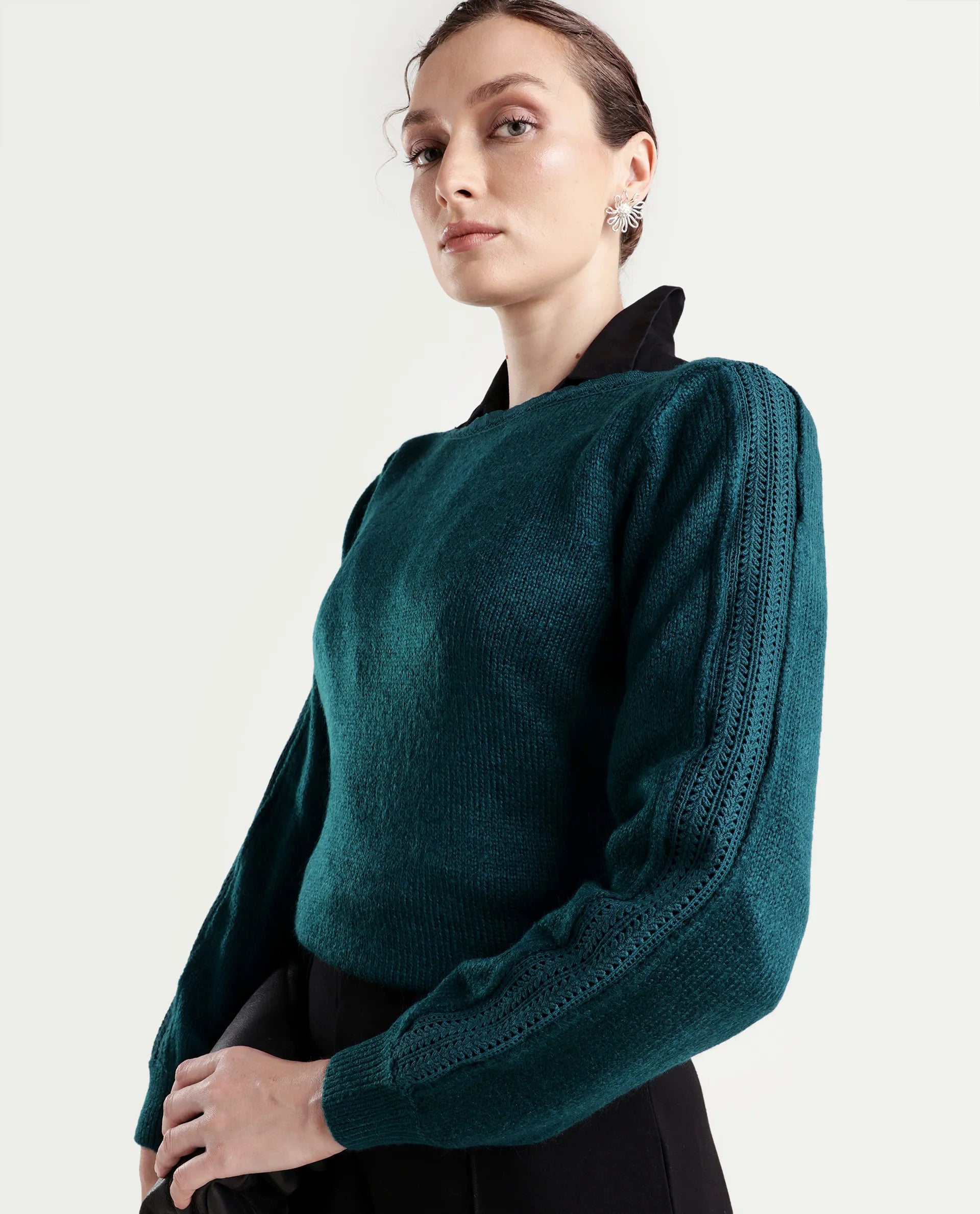 Rareism Women's Zula Dark Teal Acrylic Blend Boat Neck Relaxed Fit Plain Sweater