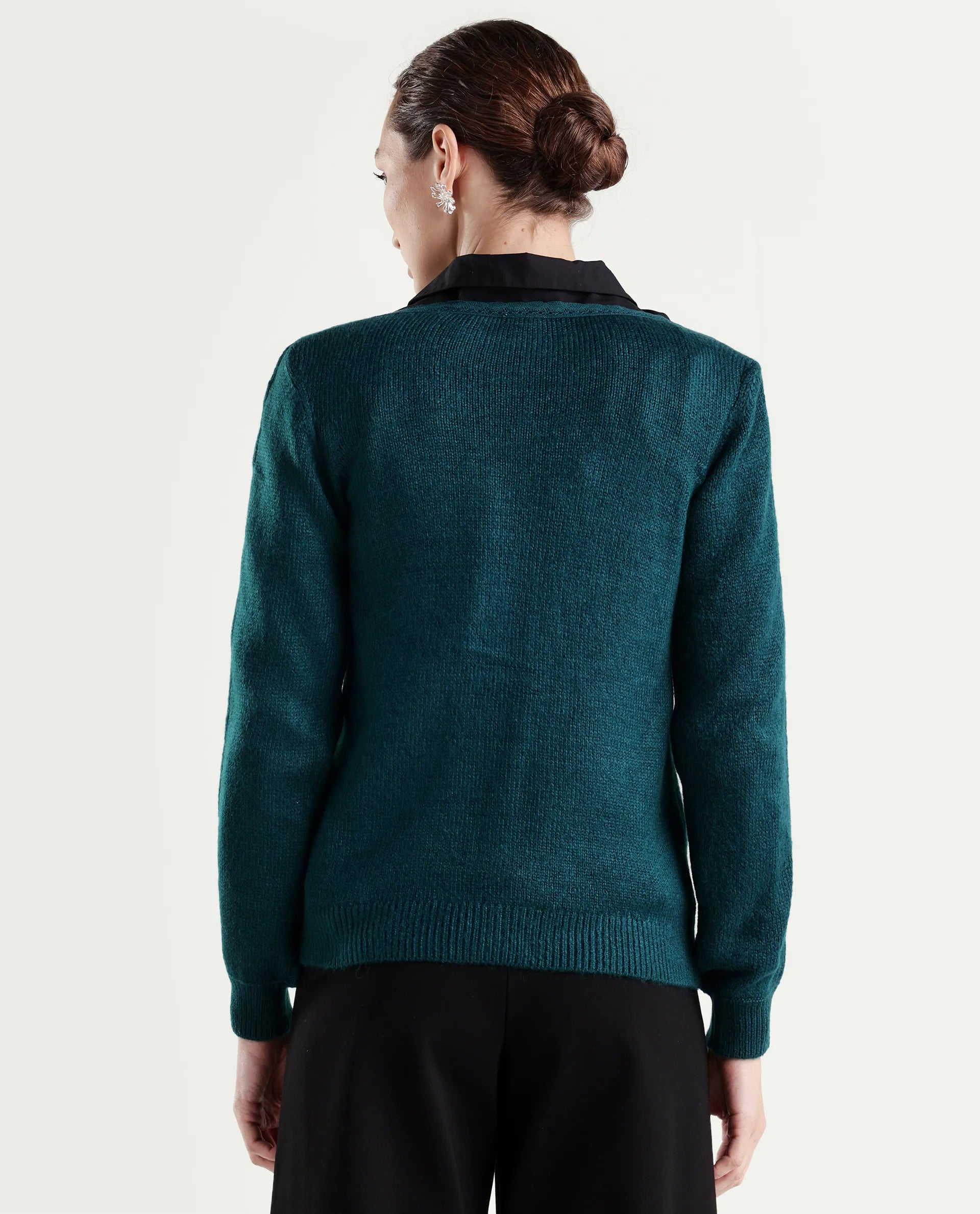 Rareism Women's Zula Dark Teal Acrylic Blend Boat Neck Relaxed Fit Plain Sweater
