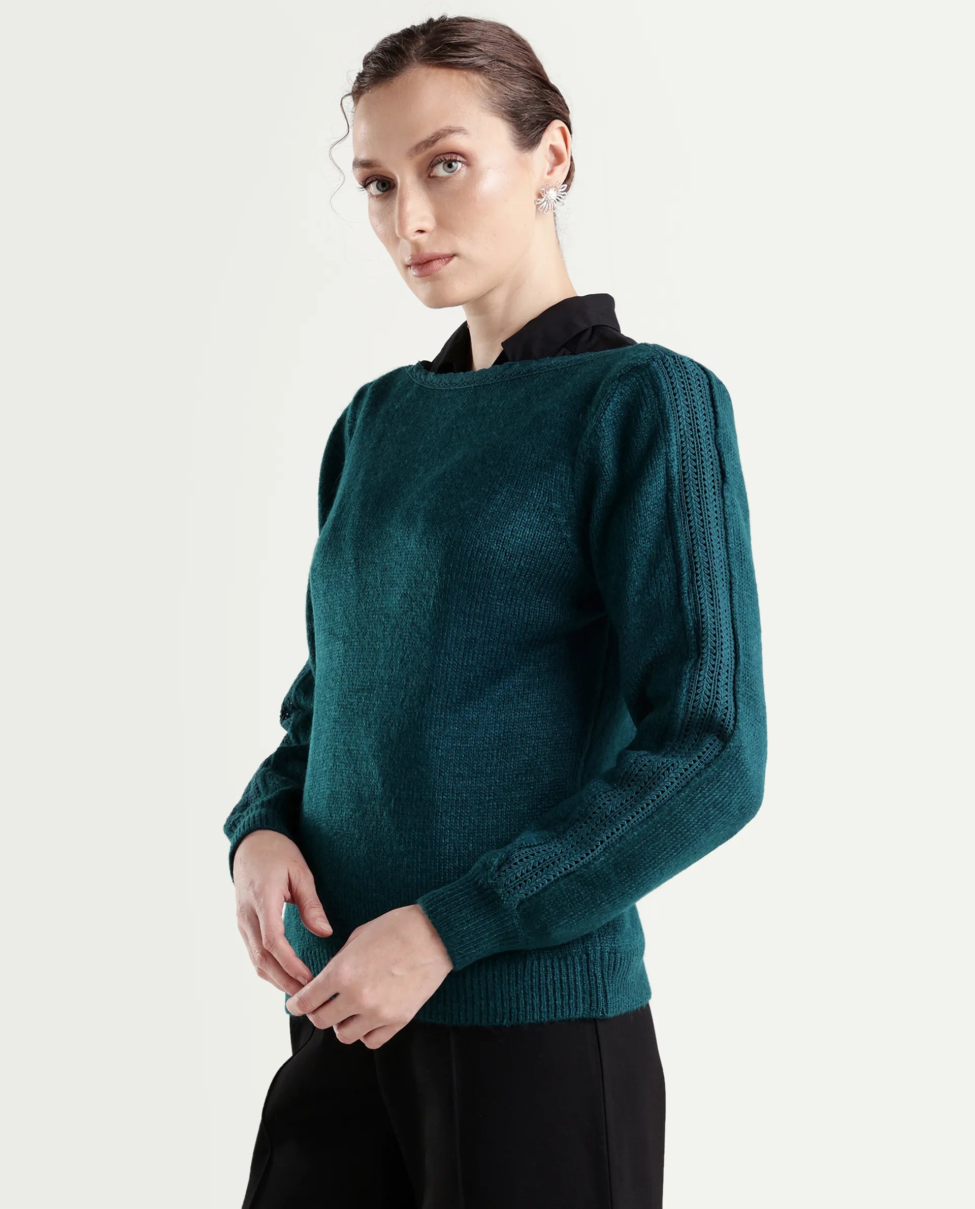 Rareism Women's Zula Dark Teal Acrylic Blend Boat Neck Relaxed Fit Plain Sweater
