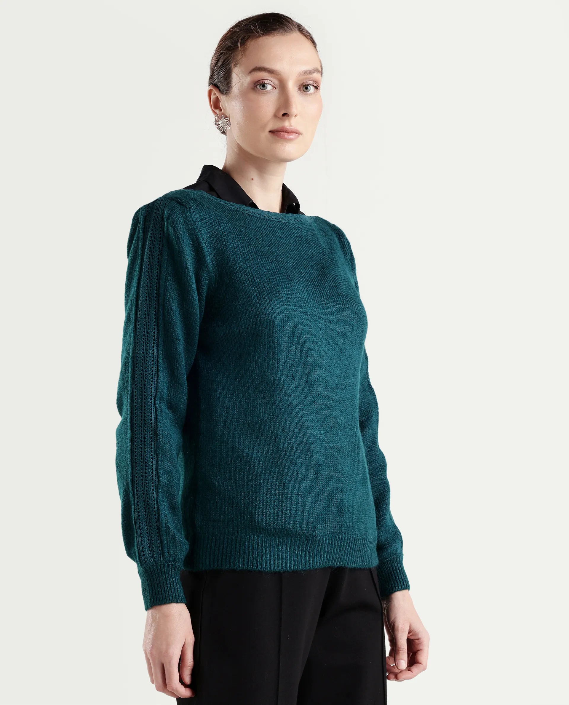 Rareism Women's Zula Dark Teal Acrylic Blend Boat Neck Relaxed Fit Plain Sweater