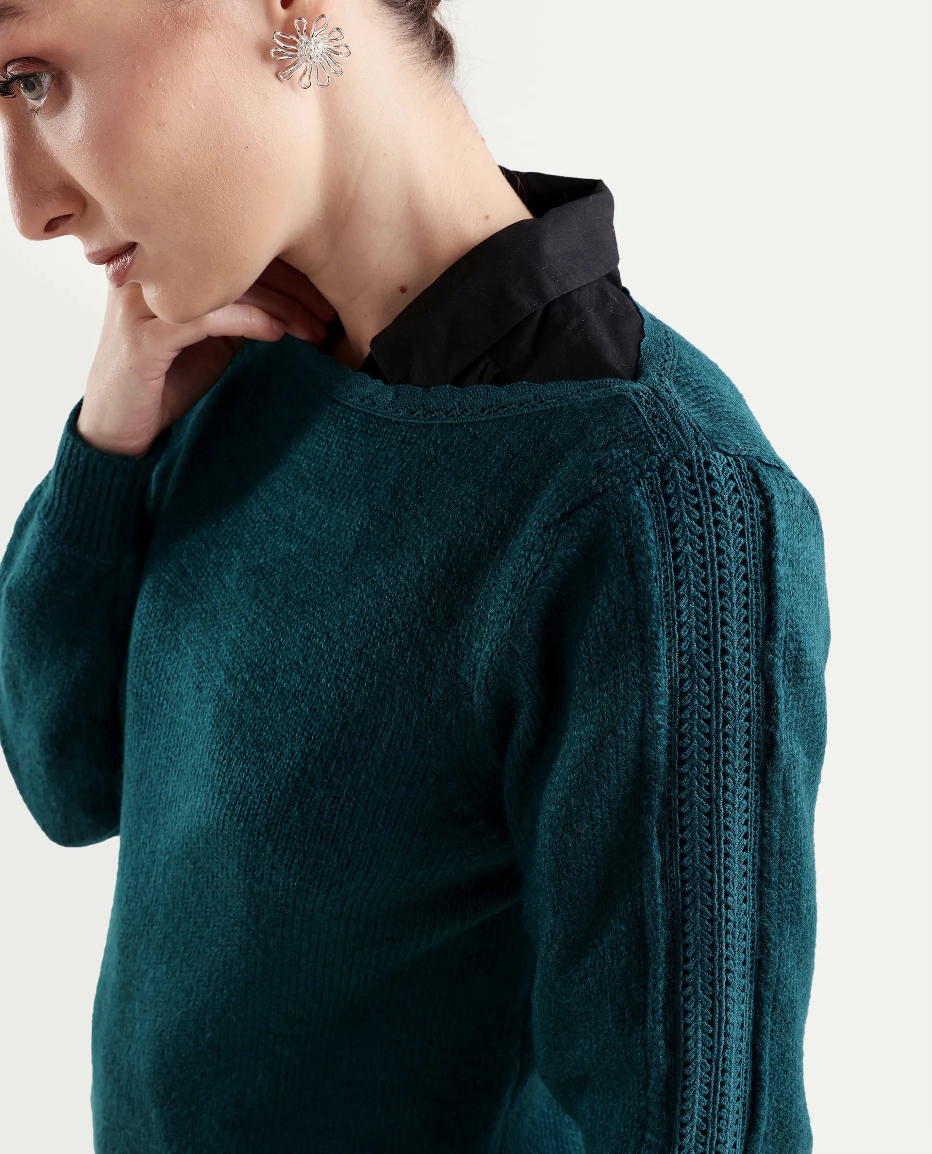 Rareism Women's Zula Dark Teal Acrylic Blend Boat Neck Relaxed Fit Plain Sweater