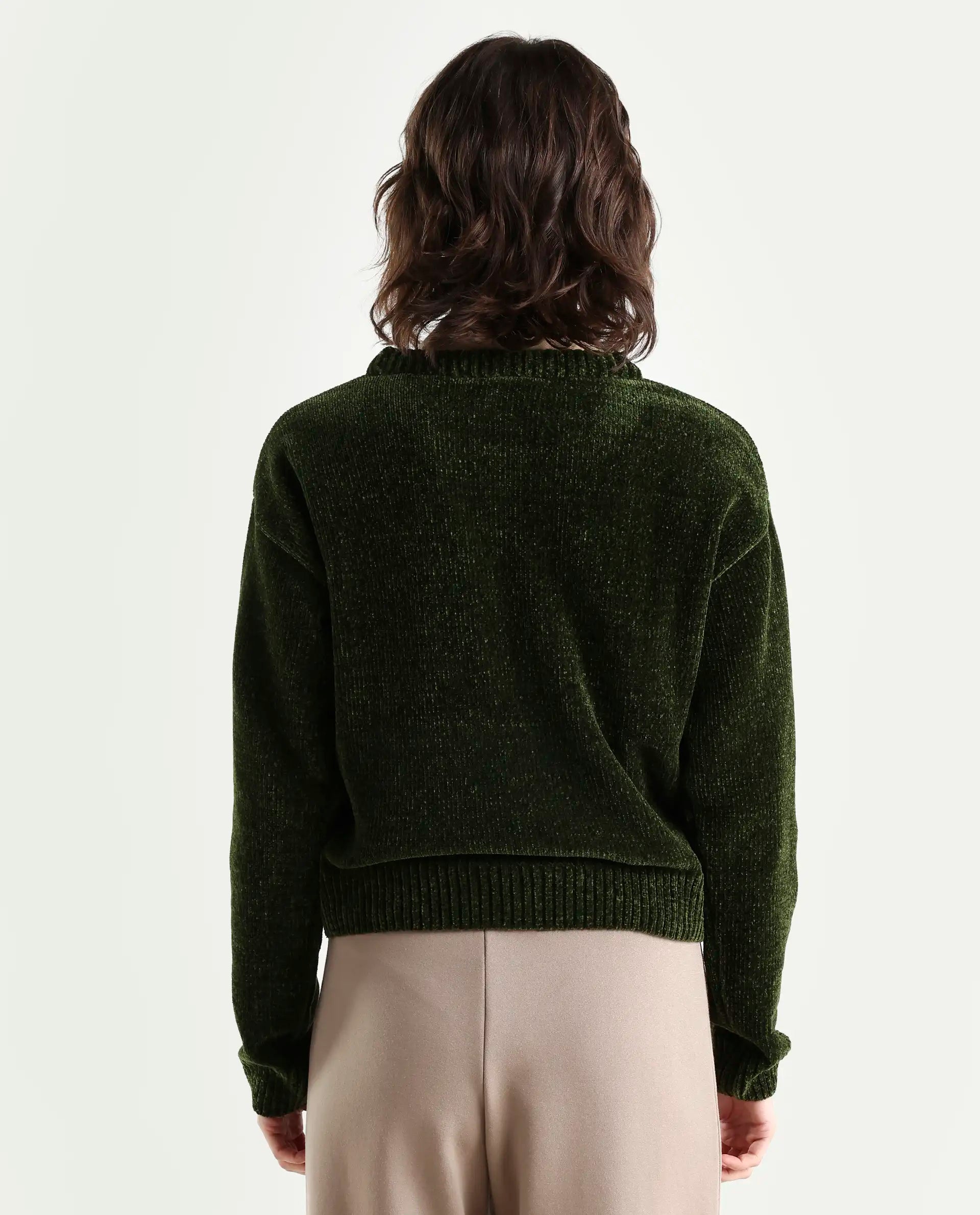 Rareism Women's Tosta Dark Olive Acrylic Crew Neck Relaxed Fit Plain Sweater