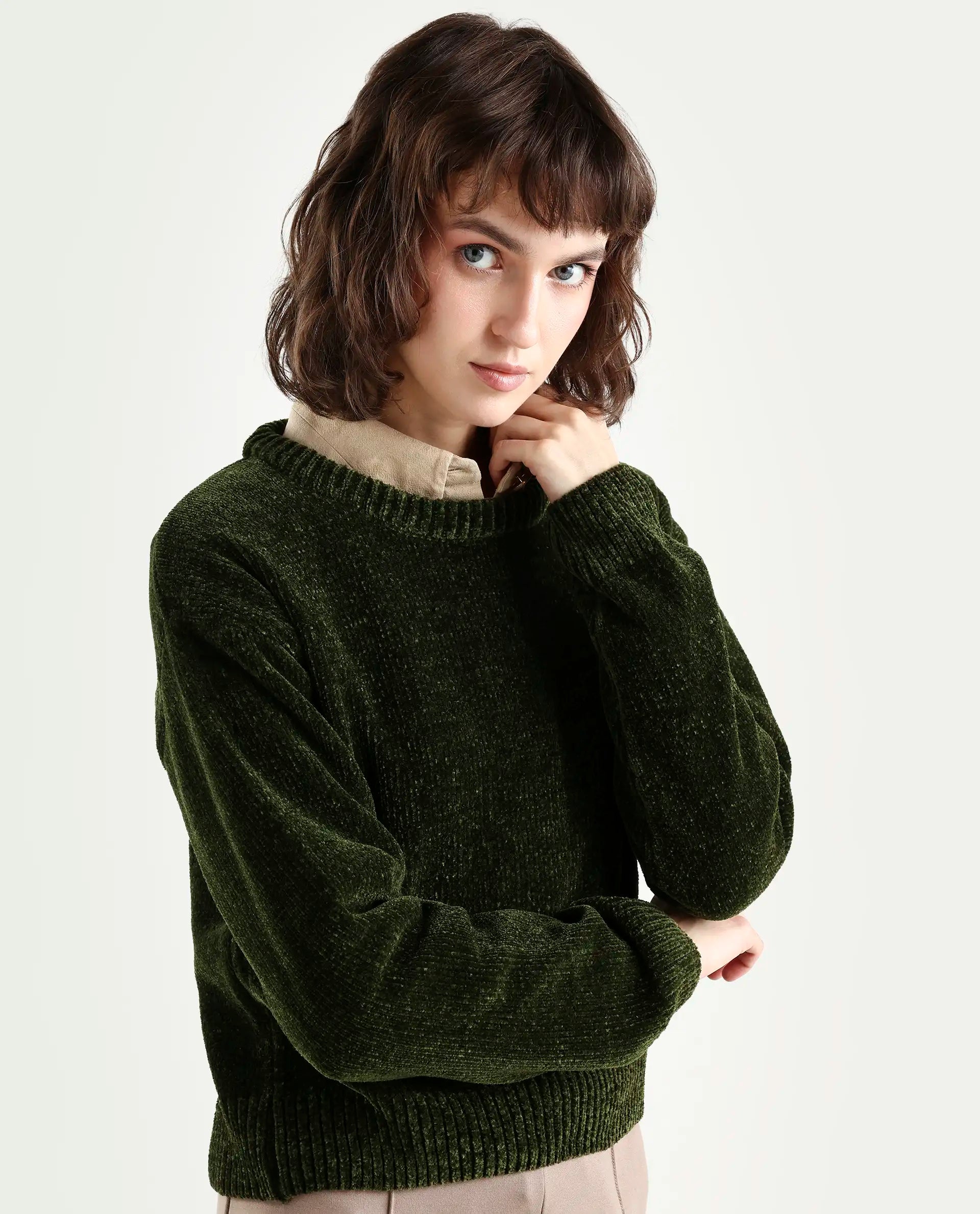 Rareism Women's Tosta Dark Olive Acrylic Crew Neck Relaxed Fit Plain Sweater