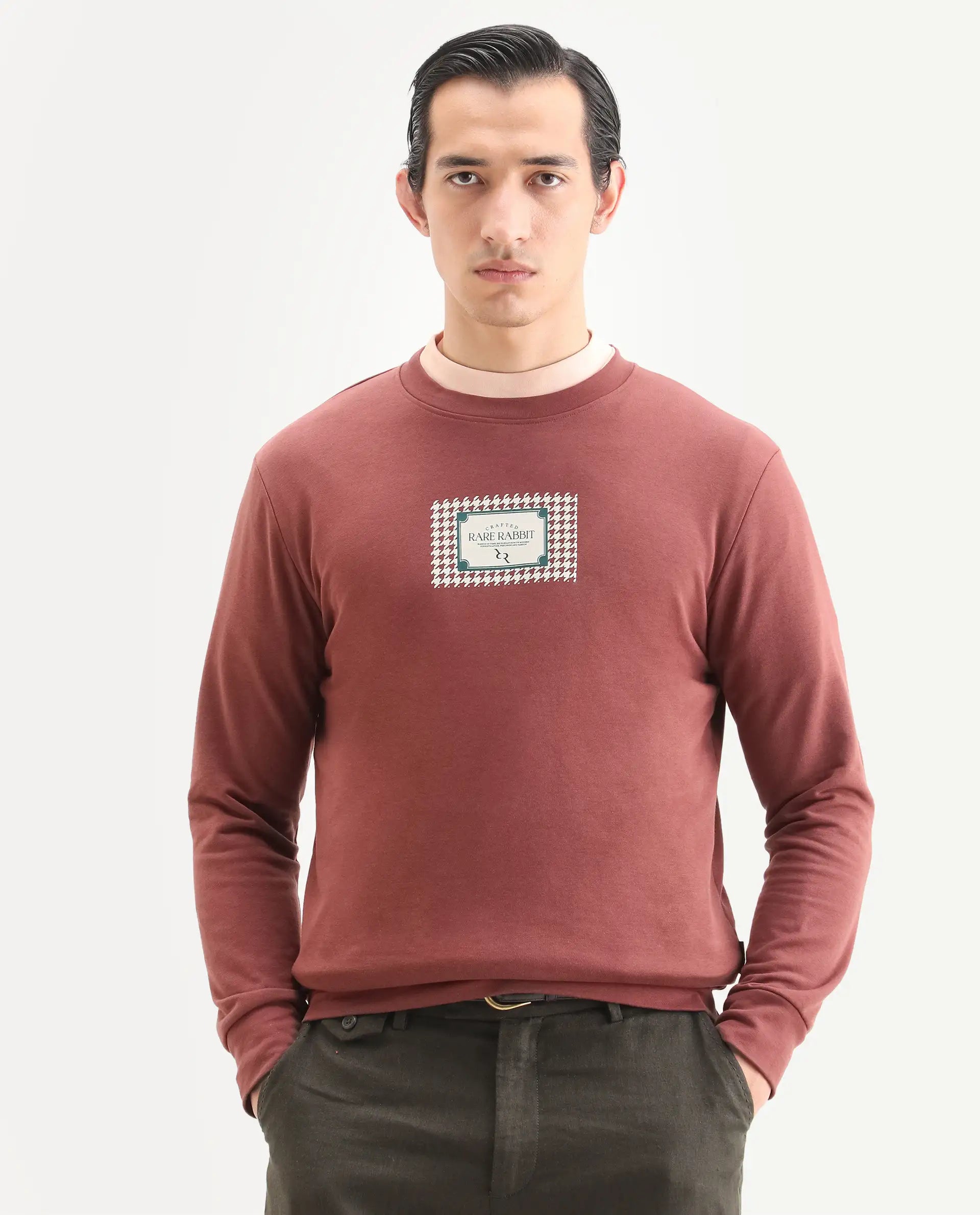 Rare Rabbit Men's Login Rust Cotton Blend Graphic Print Regular Fit Full Sleeve Crew Neck Sweatshirt