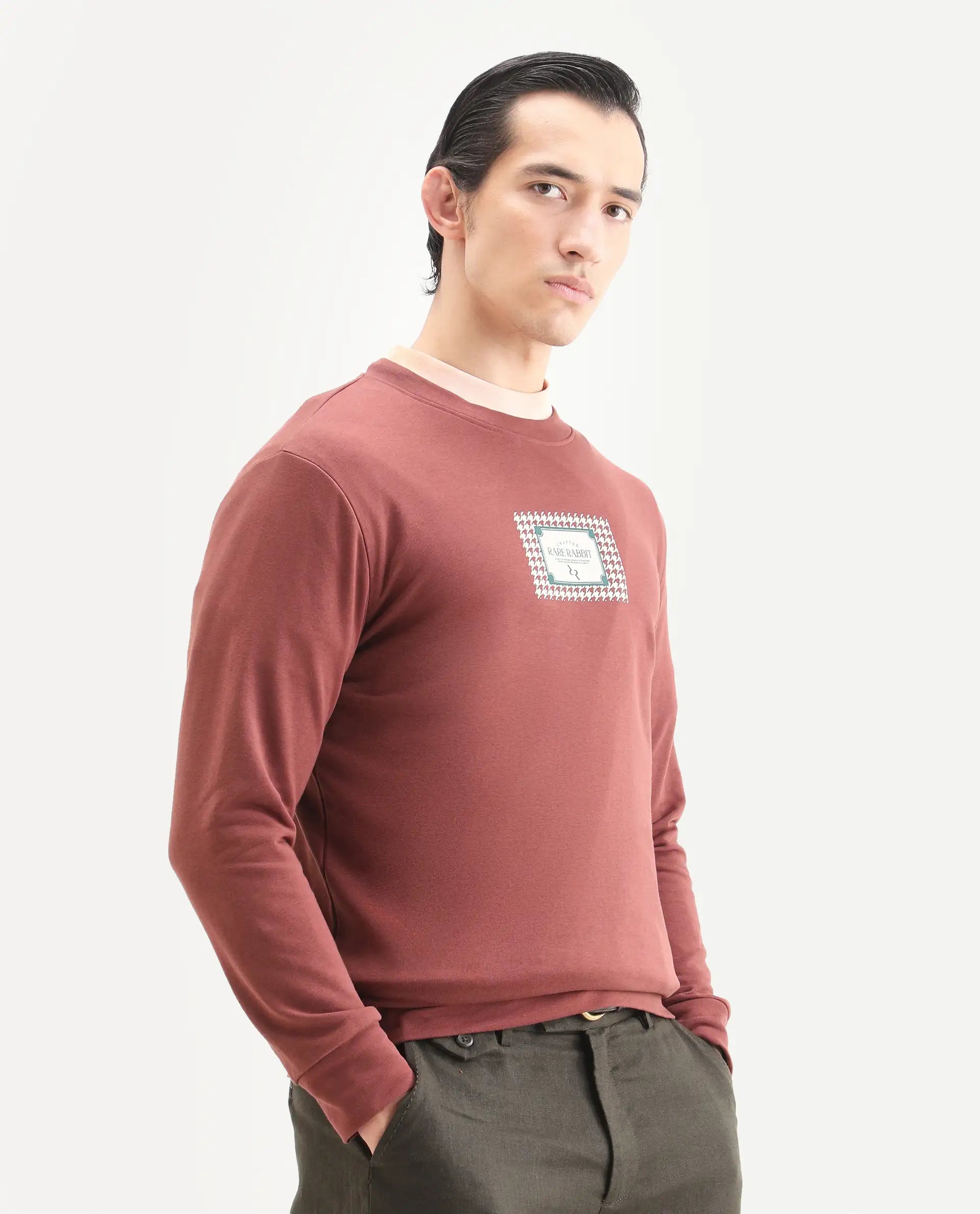 Rare Rabbit Men's Login Rust Cotton Blend Graphic Print Regular Fit Full Sleeve Crew Neck Sweatshirt