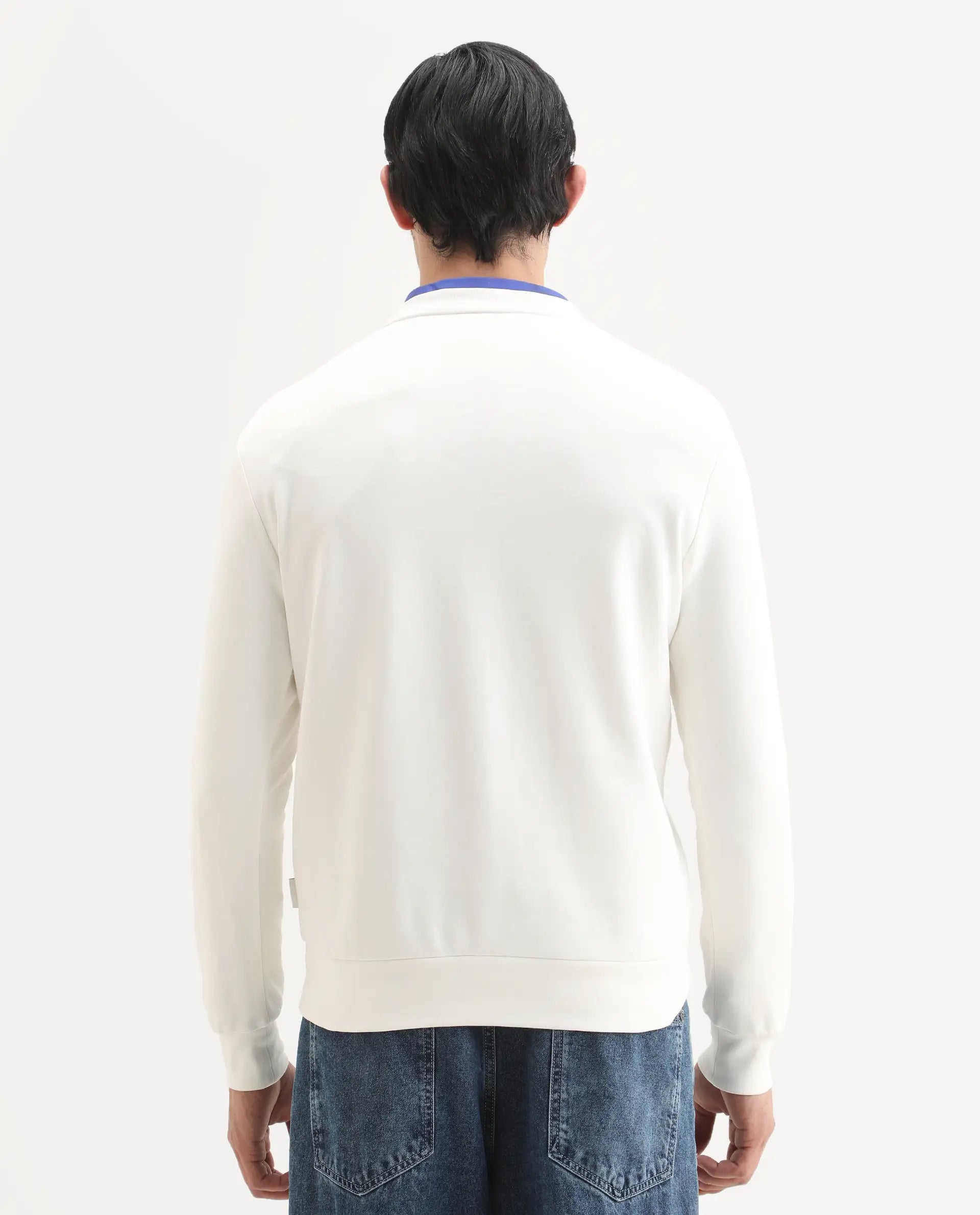 Rare Rabbit Men's Ronta Off White Cotton Blend Embroidered Regular Fit Full Sleeve Crew Neck Sweatshirt