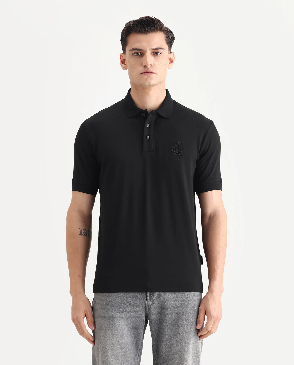 Rare Rabbit Men's Dwet Black Cotton Blend Fabric Half Sleeve Spread Collar Plain Polo