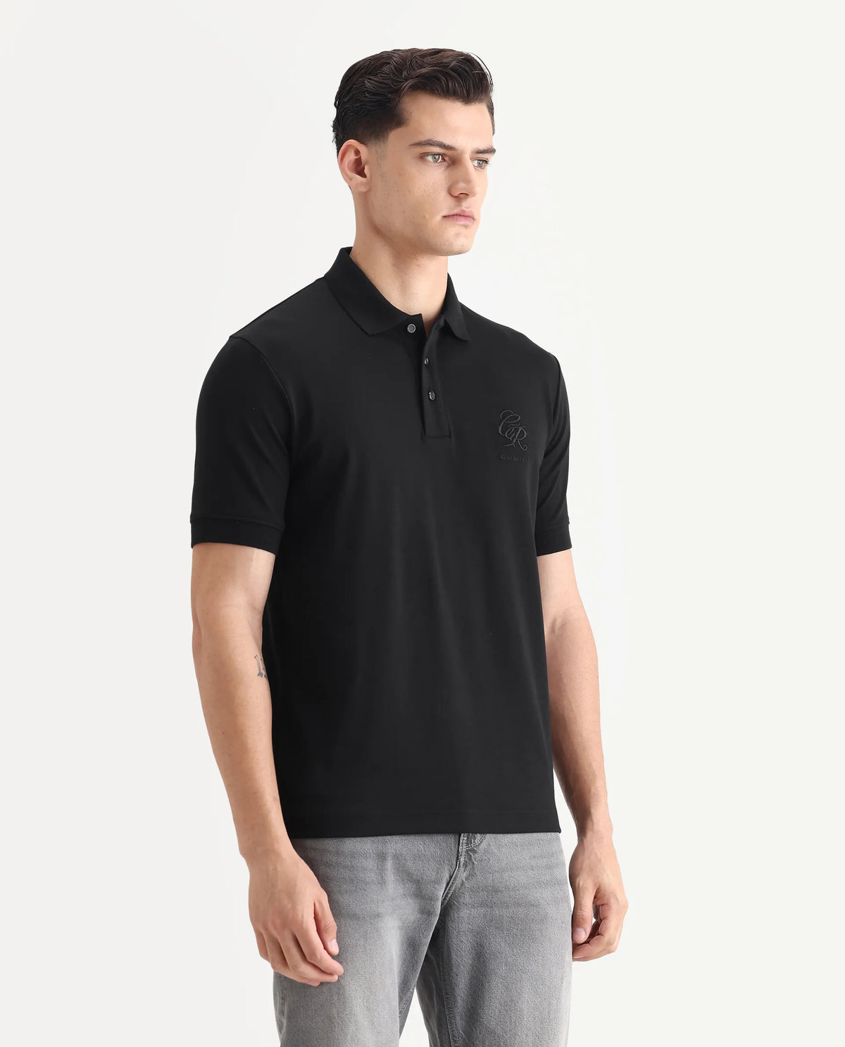 Rare Rabbit Men's Dwet Black Cotton Blend Fabric Half Sleeve Spread Collar Plain Polo