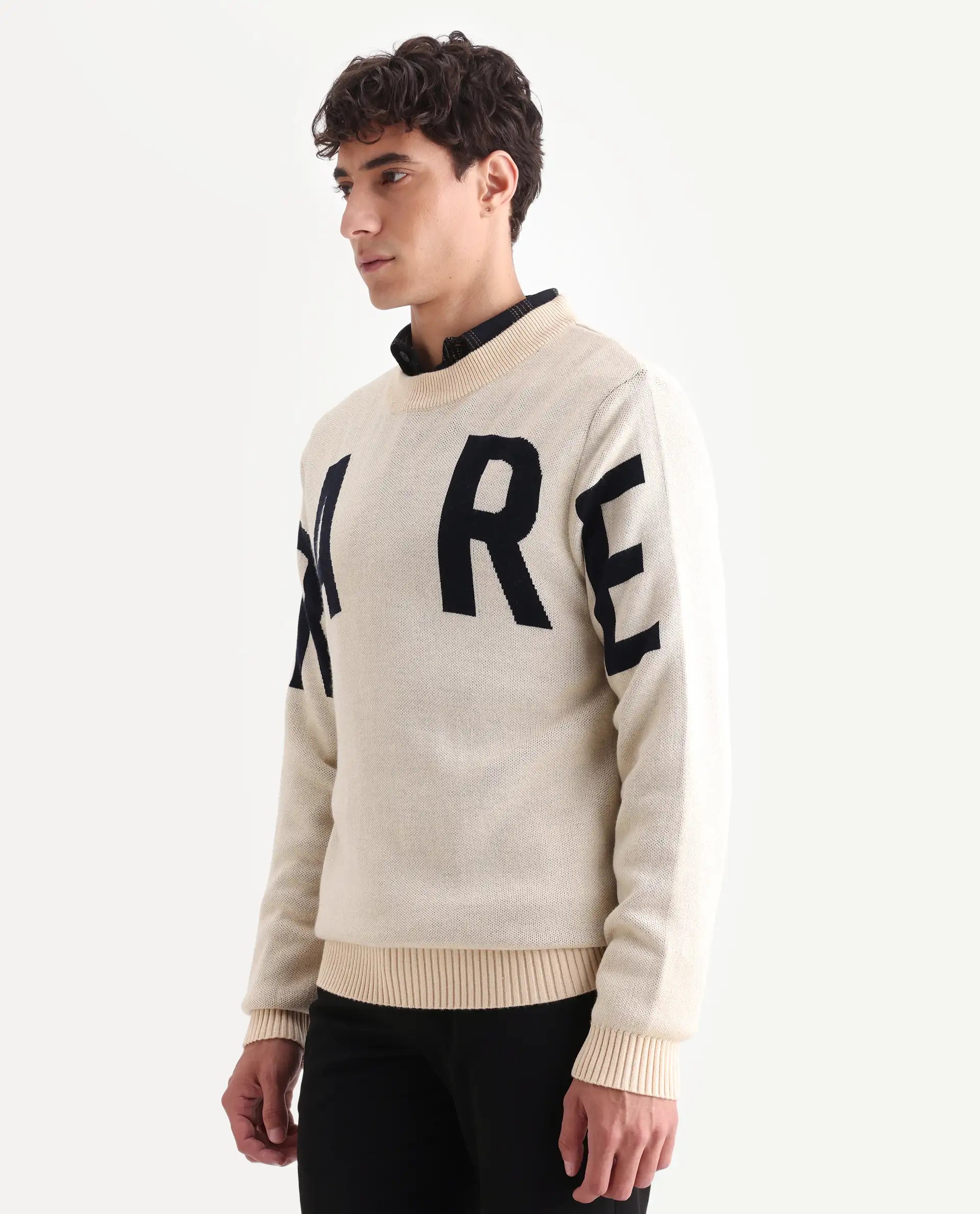Rare Rabbit Men's Emyr Off White Acrylic Monogram Print Regular Fit Full Sleeve Crew Neck Sweater