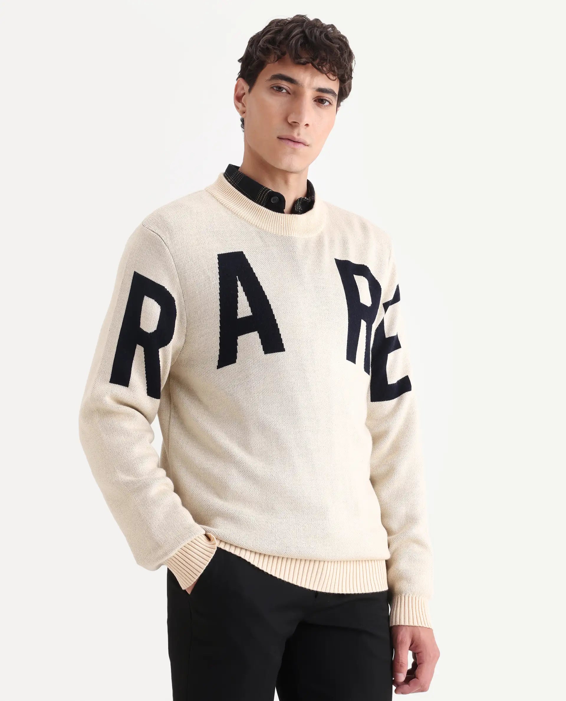 Rare Rabbit Men's Emyr Off White Acrylic Monogram Print Regular Fit Full Sleeve Crew Neck Sweater