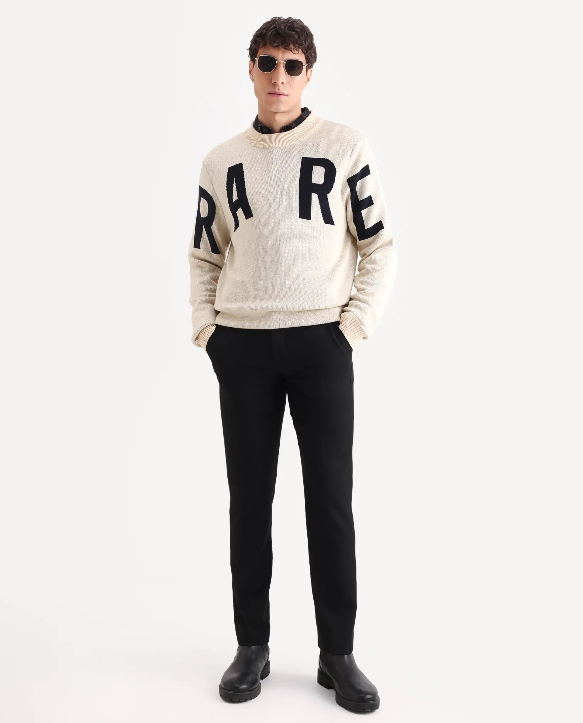 Rare Rabbit Men's Emyr Off White Acrylic Monogram Print Regular Fit Full Sleeve Crew Neck Sweater