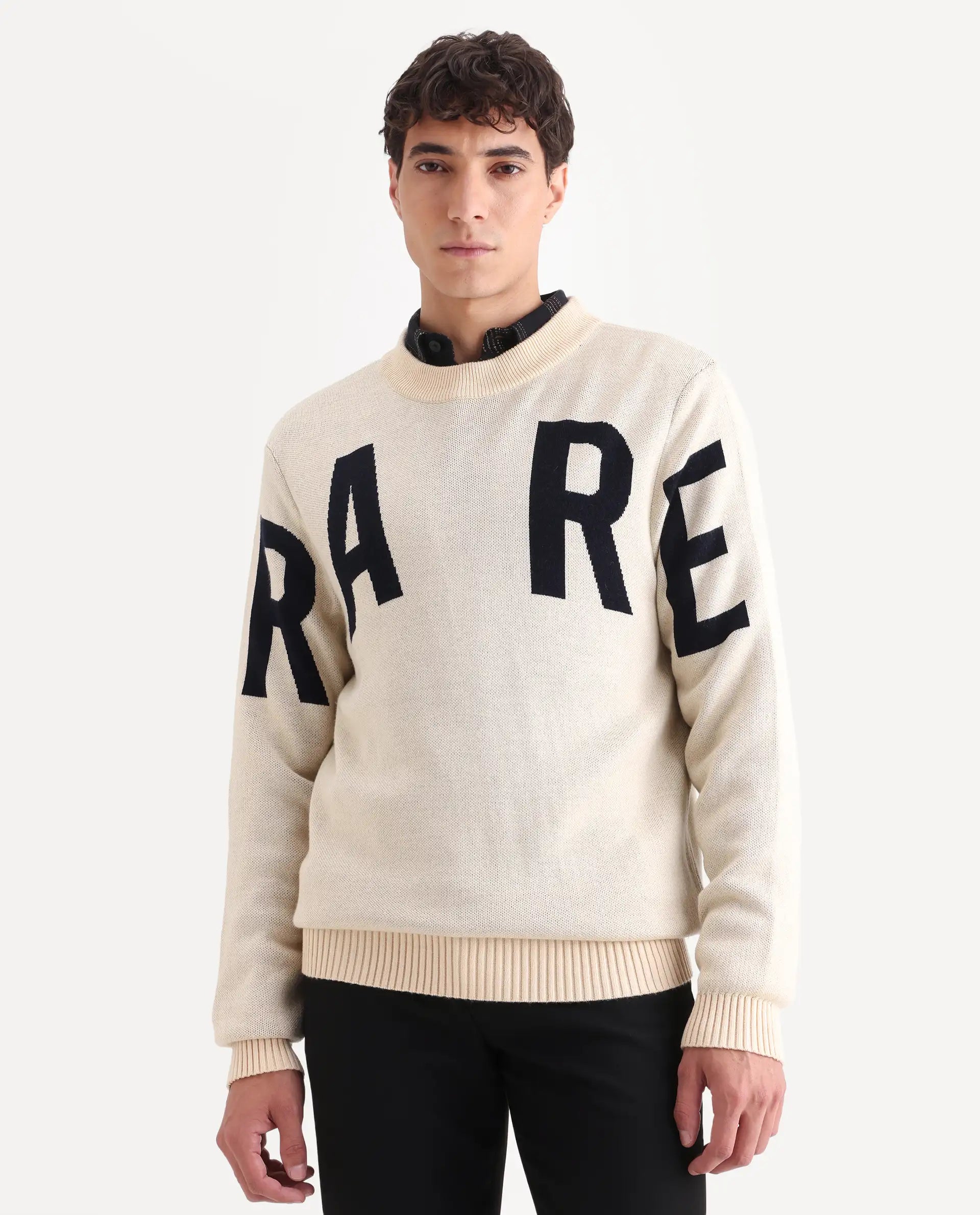 Rare Rabbit Men's Emyr Off White Acrylic Monogram Print Regular Fit Full Sleeve Crew Neck Sweater