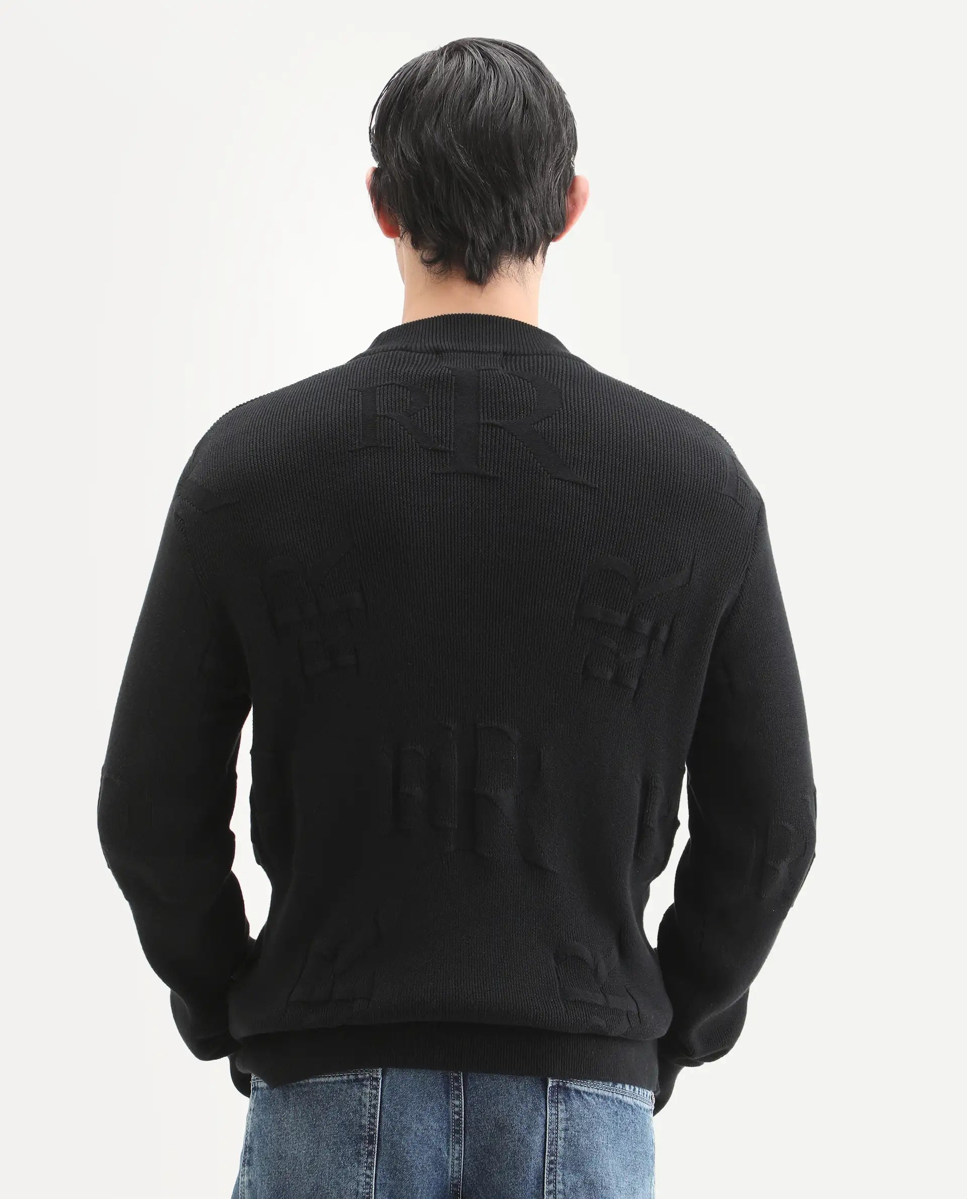 Rare Rabbit Men's Rev Black Acrylic Fabric Full Sleeve Crew Neck Textured Sweater