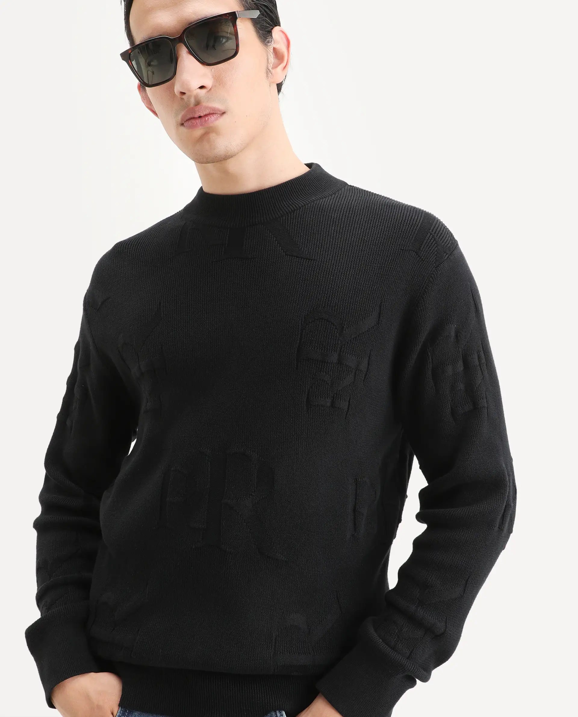 Rare Rabbit Men's Rev Black Acrylic Fabric Full Sleeve Crew Neck Textured Sweater