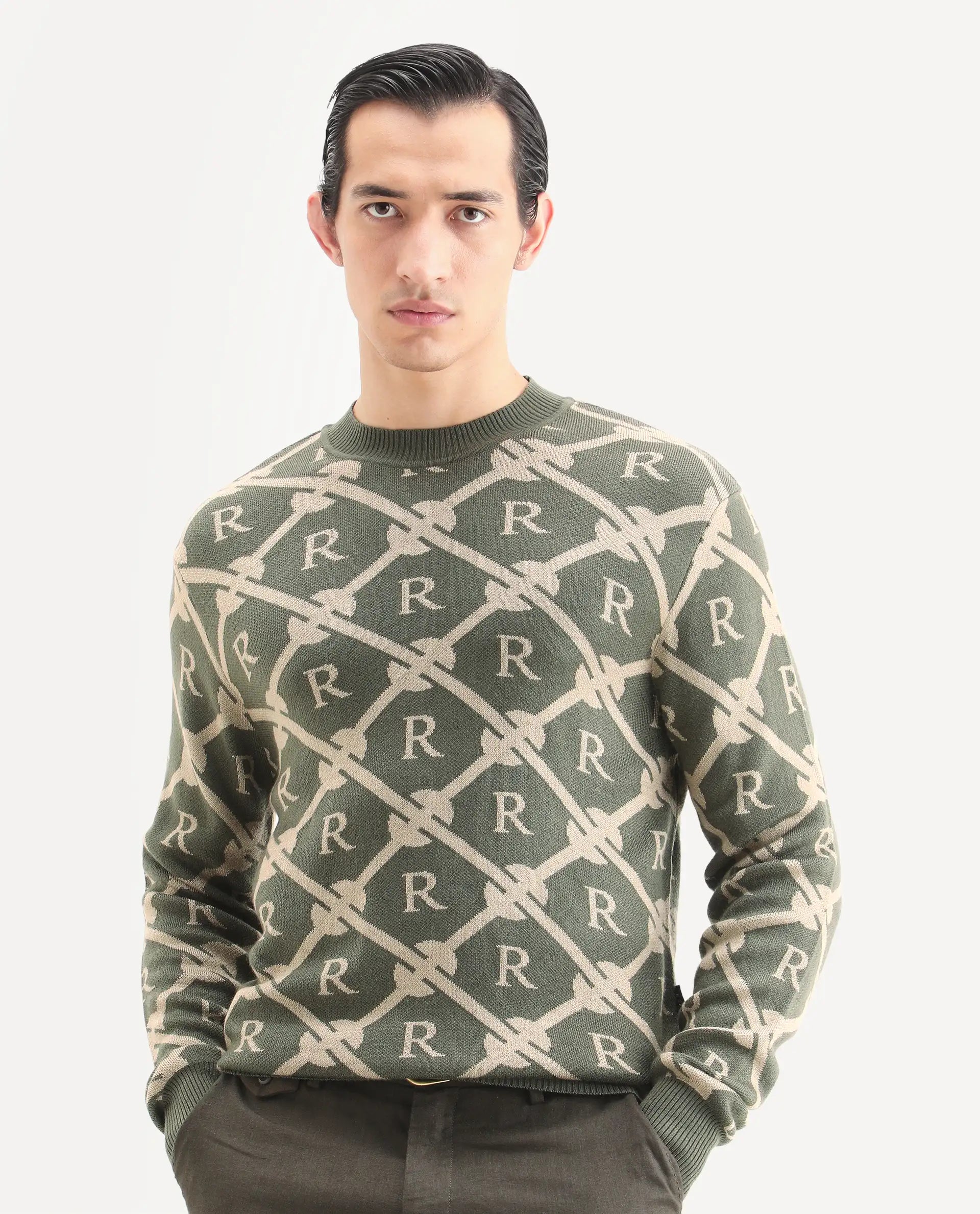 Rare Rabbit Men's Post Dark Olive Acrylic Monogram Print Regular Fit Full Sleeve Crew Neck Sweater
