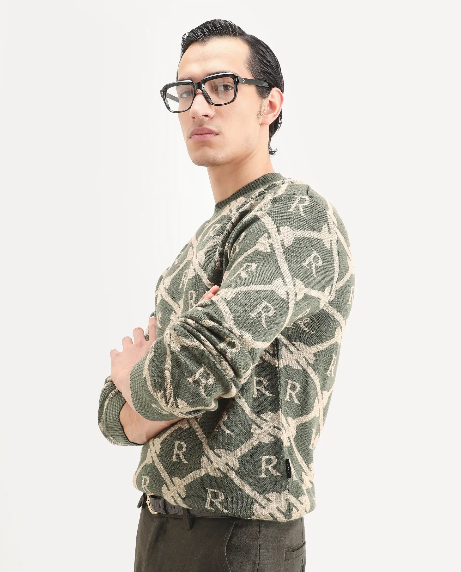 Rare Rabbit Men's Post Dark Olive Acrylic Monogram Print Regular Fit Full Sleeve Crew Neck Sweater