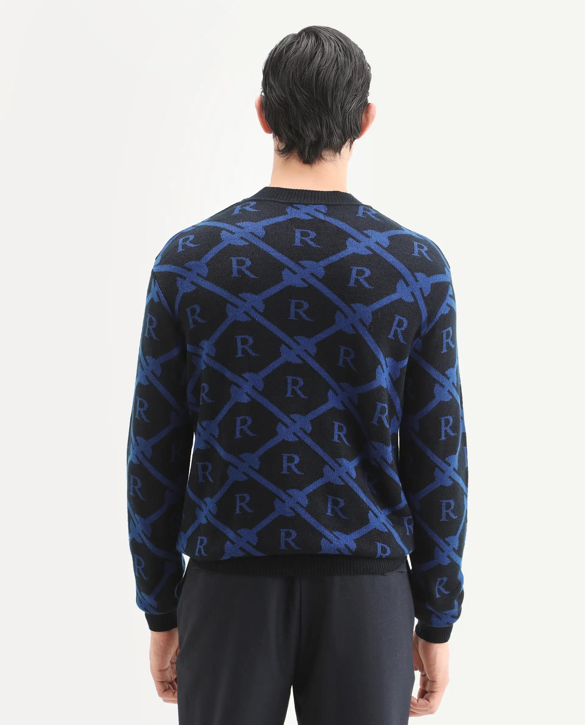 Rare Rabbit Men's Post Black Acrylic Monogram Print Regular Fit Full Sleeve Crew Neck Sweater