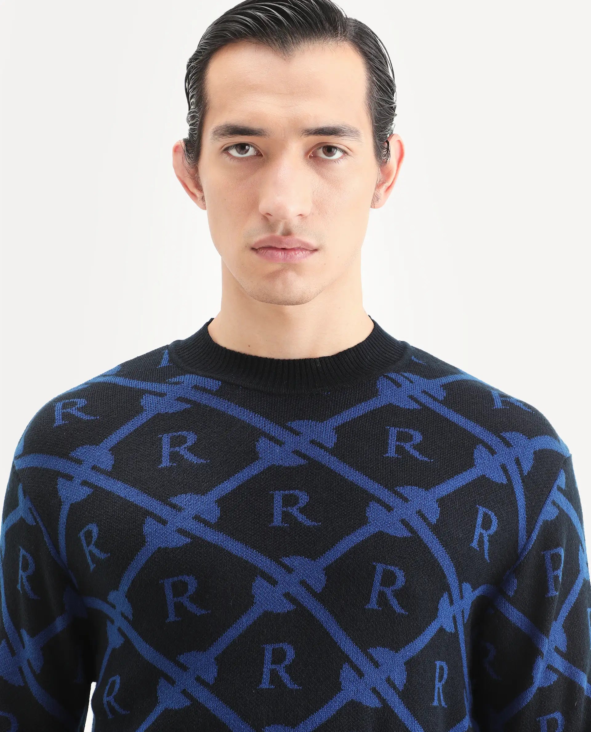 Rare Rabbit Men's Post Black Acrylic Monogram Print Regular Fit Full Sleeve Crew Neck Sweater